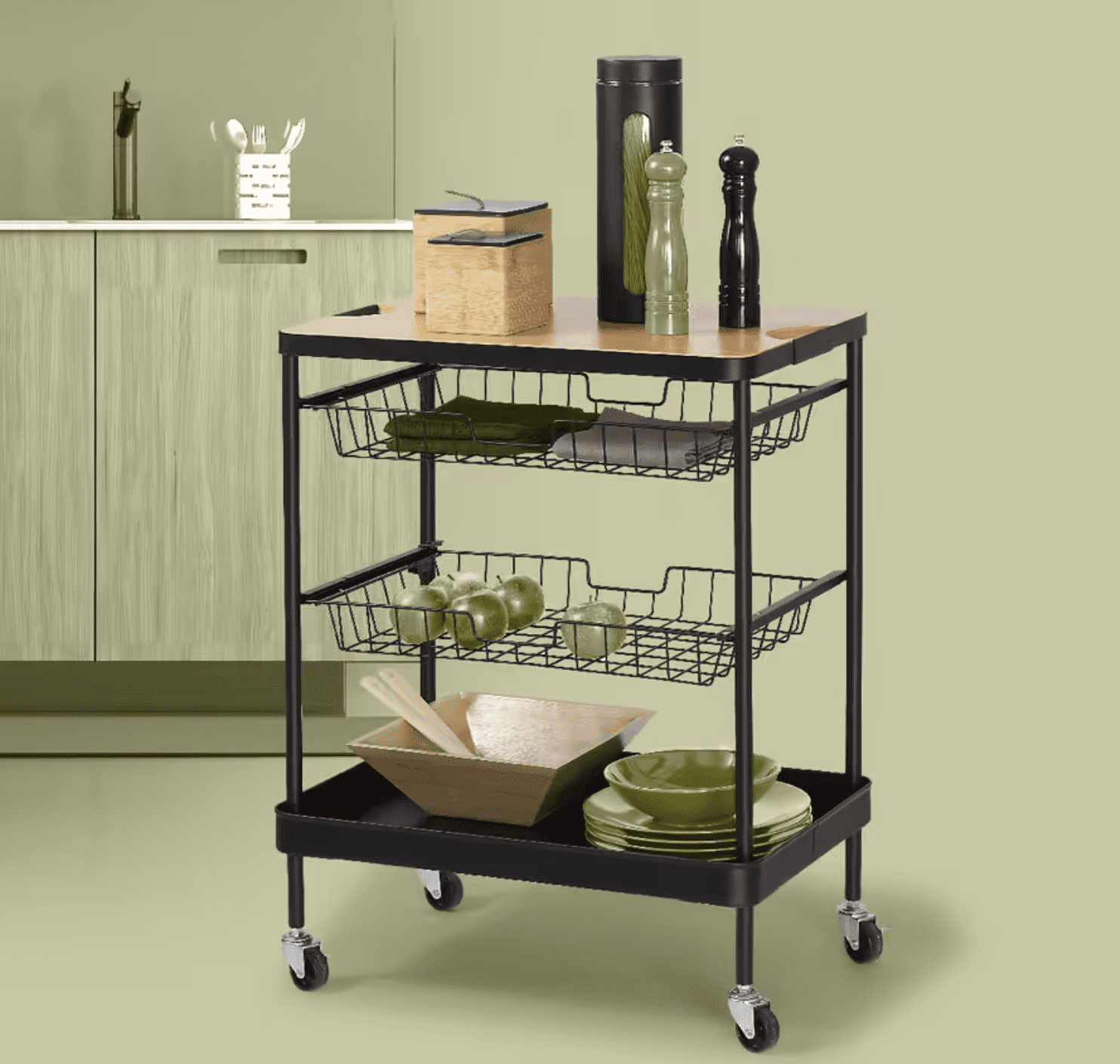 4goodz Serveerwagen met 3 opbergvakken en plateau 40x60x79 cm - Zwart
