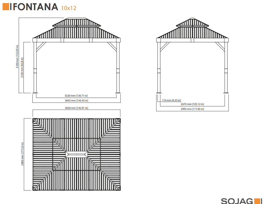 Sojag Fontana Aluminium Paviljoen met hard dak en muggennet - Houtlook/Zwart