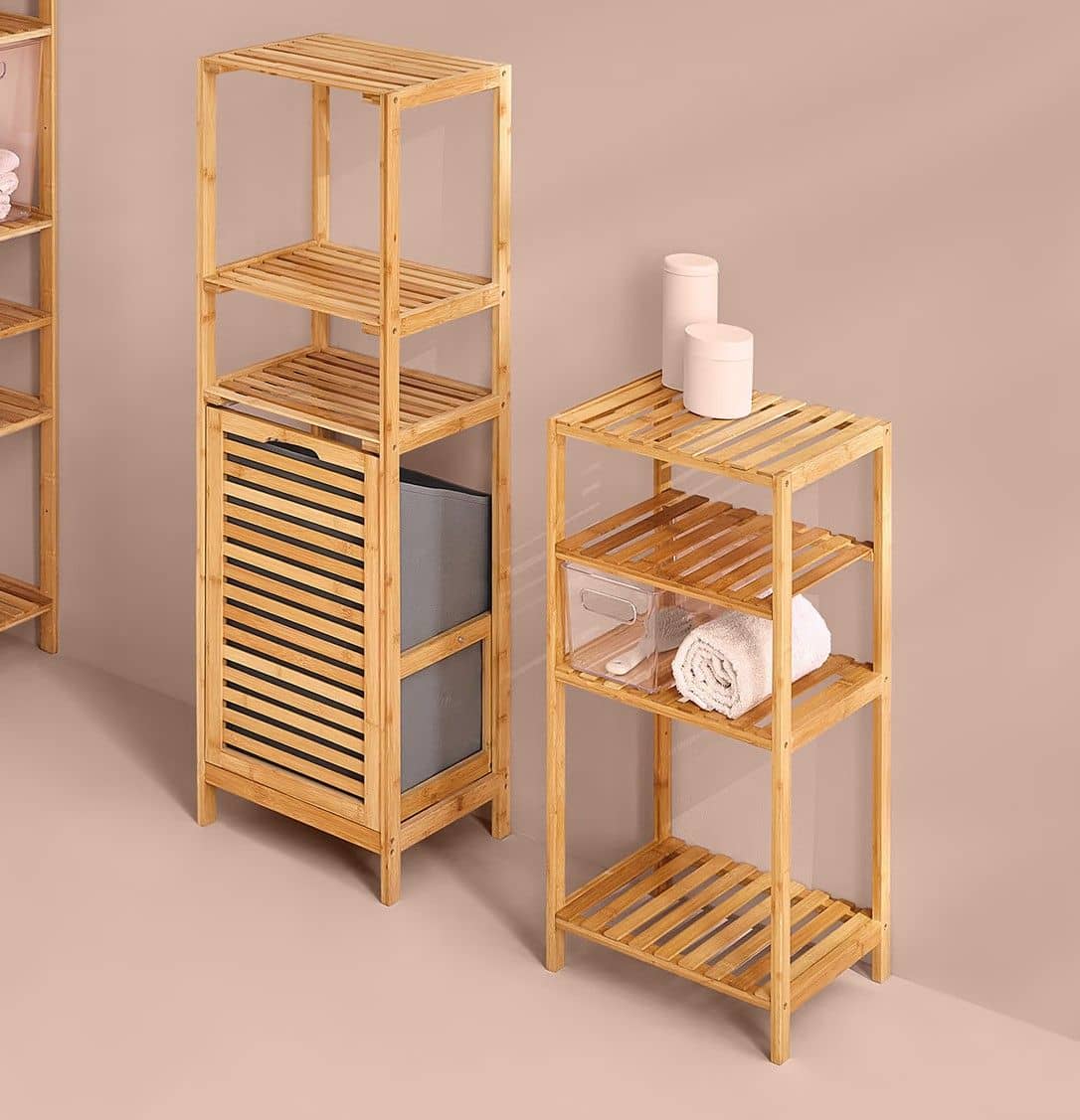 Badkamerkast Bamboe met Wasmand 32x35x118 cm - Bruin