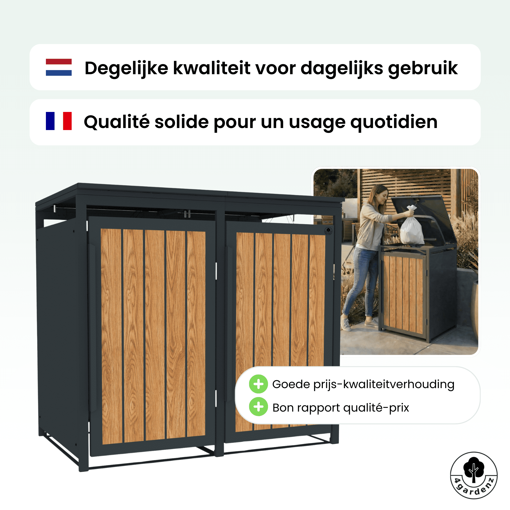 4gardenz® Slimline Kliko Containerombouw 2 Afvalbakken - Antraciet/Houtlook