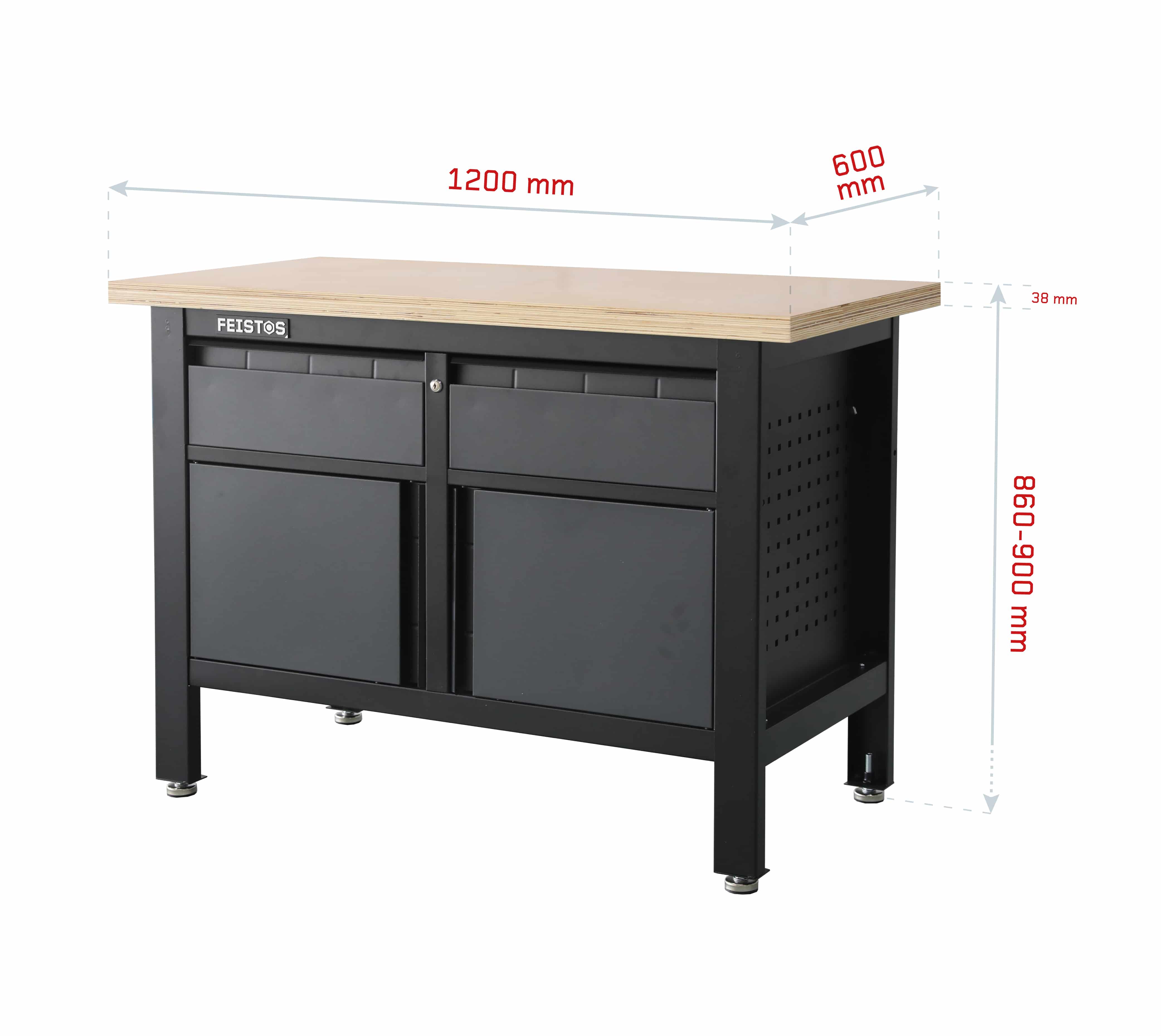 Feistos Werkbank Tito 3 met gaatjeswanden - 60x120x87cm - Antraciet/zwart