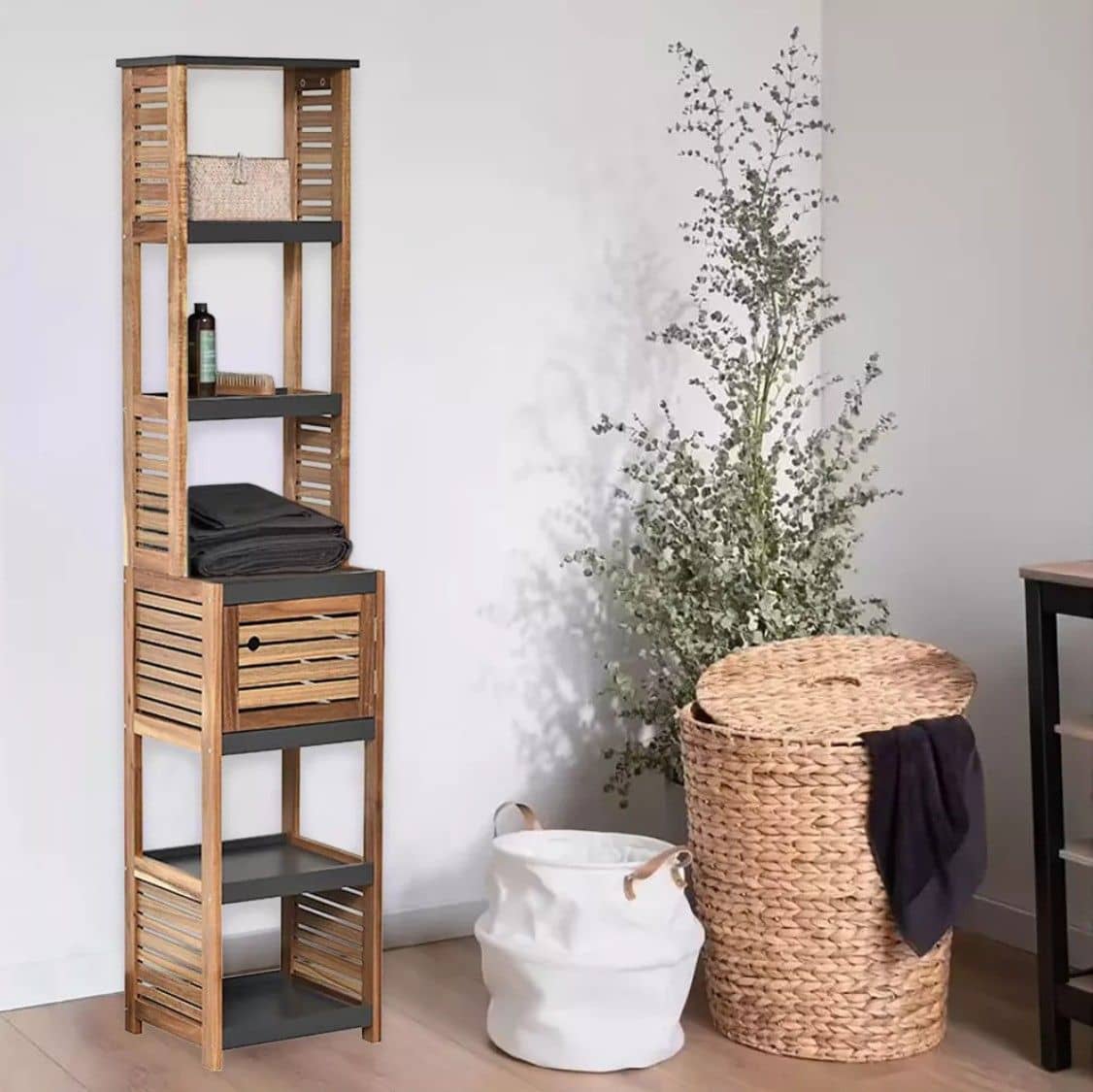 Acaciahout Hoge Badkamerkast 1 deur en 5 legplanken 30x38x170 cm