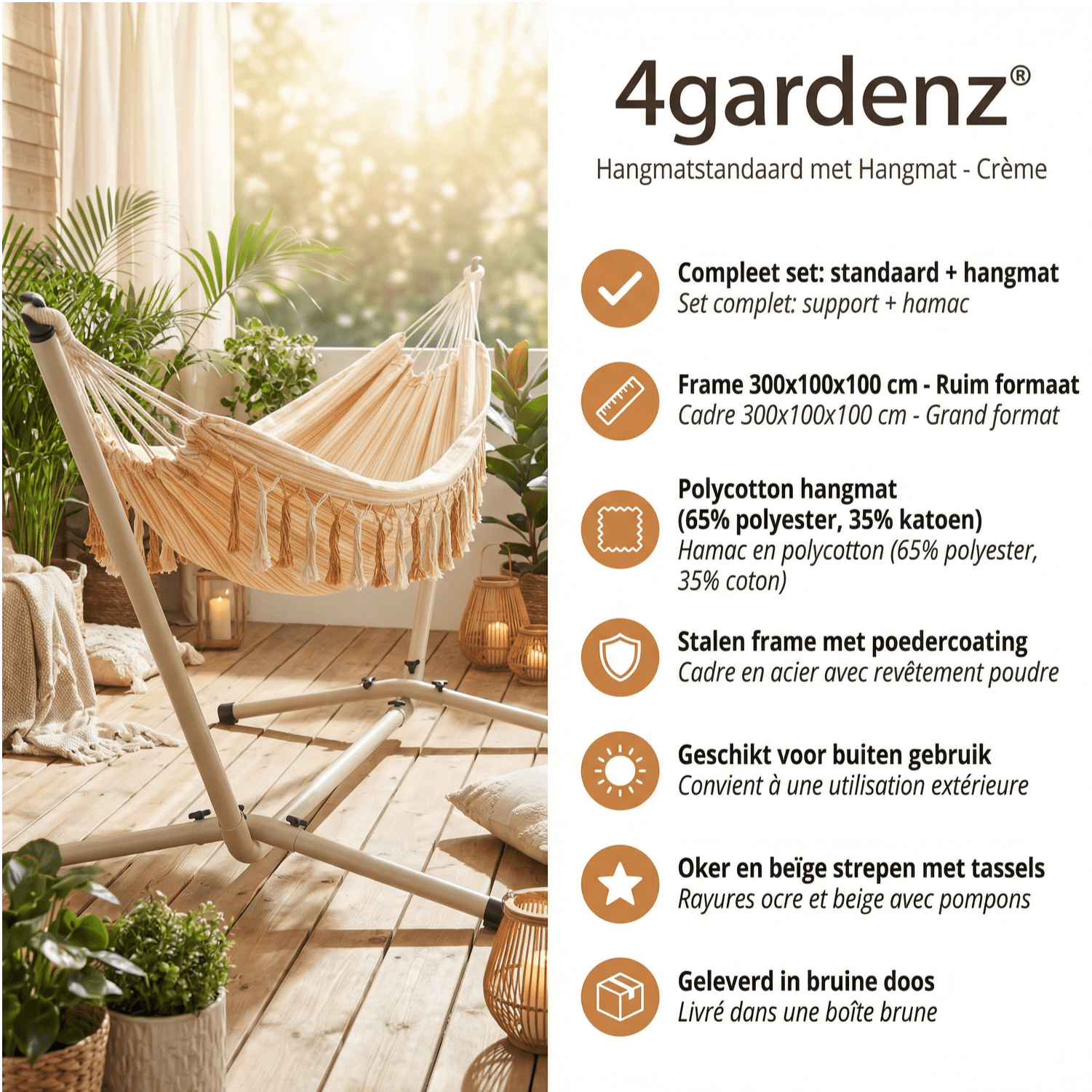 4gardenz Hangmatstandaard inclusief Hangmat 300x100 cm - Creme 4gardenz Hangmatstandaard inclusief Hangmat 300x100 cm - Creme
