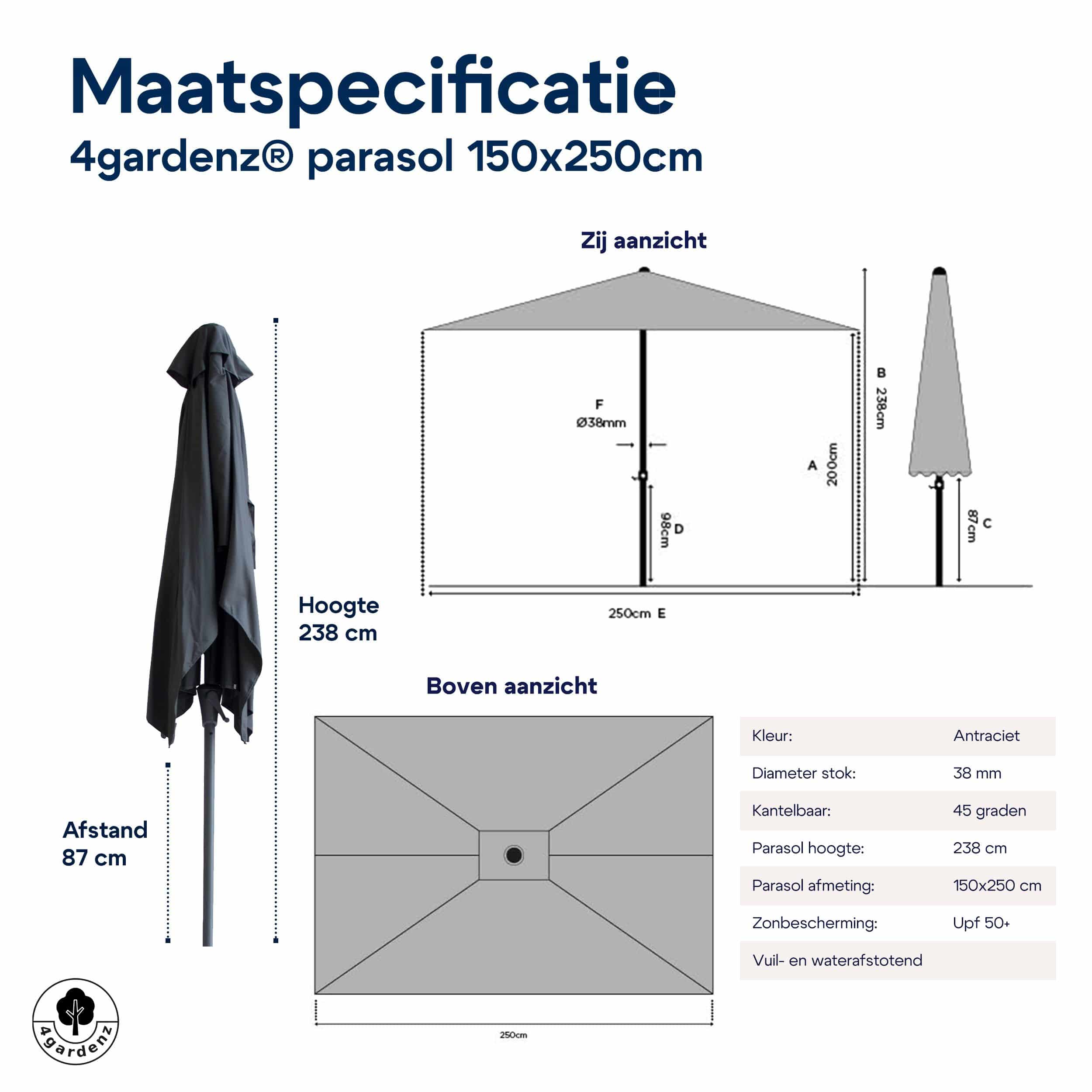 4gardenz® Parasol Rechthoek 150X250cm Kantelbaar - Balkonparasol Grijs