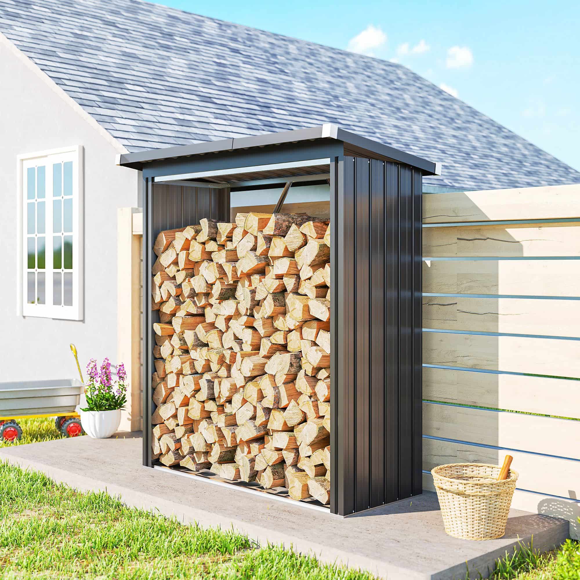 4goodz Houtopslag Gegalvaniseerd Staal met Schuin dak – 66x150x150 cm - Donkergrijs 4goodz Houtopslag Gegalvaniseerd Staal met Schuin dak – 66x150x150 cm - Donkergrijs