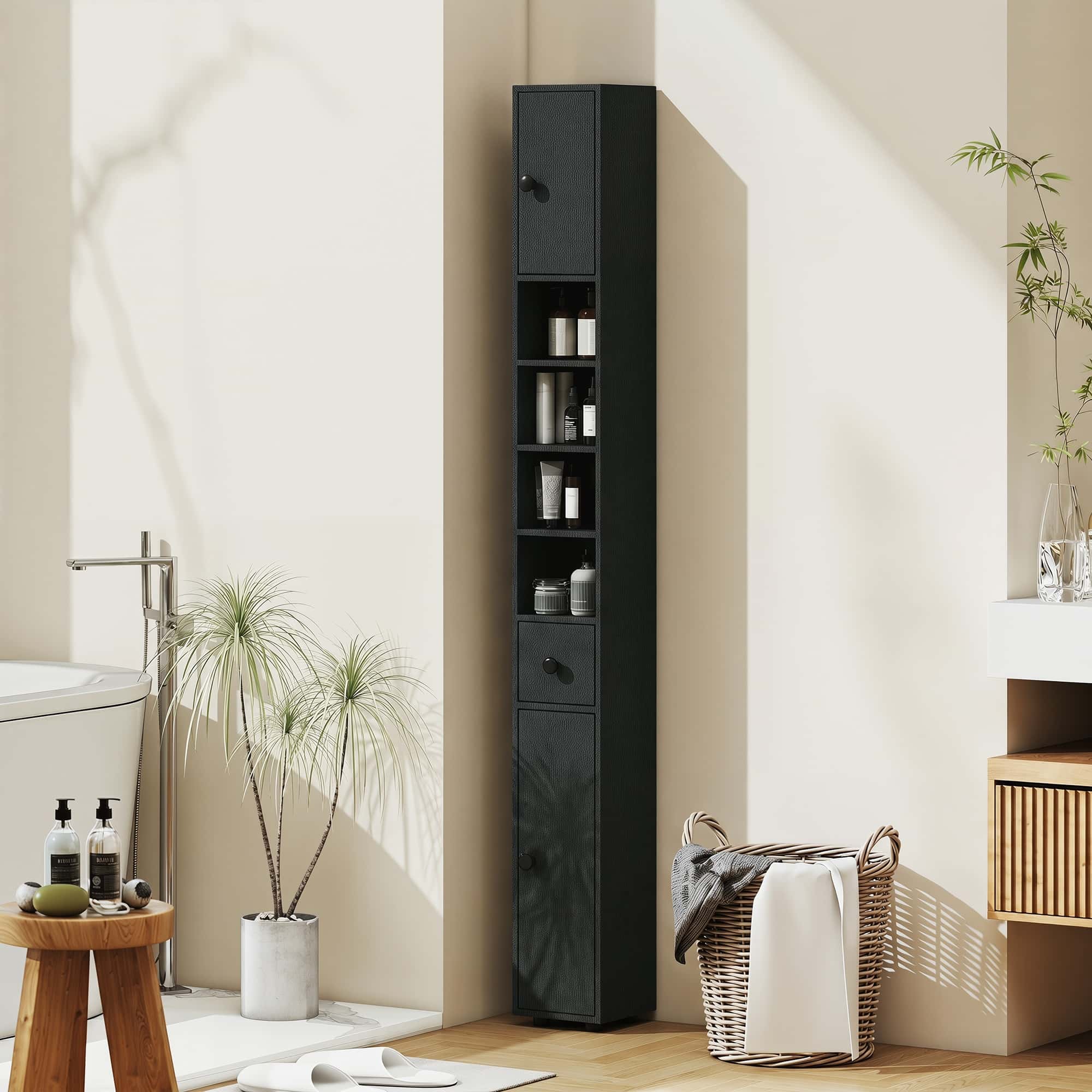 4goodz 180 cm Smalle Badkamerkast - met lade en 2 deuren - zwart