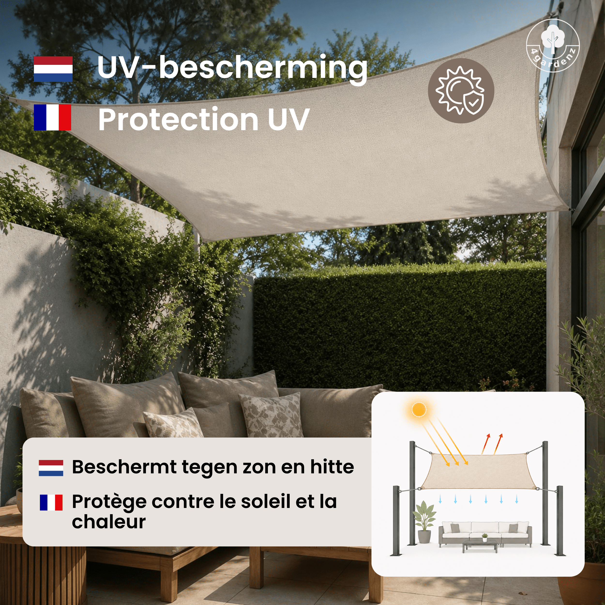 4gardenz Schaduwdoek Waterdoorlatend Vierkant 5x5 mtr - Crème
