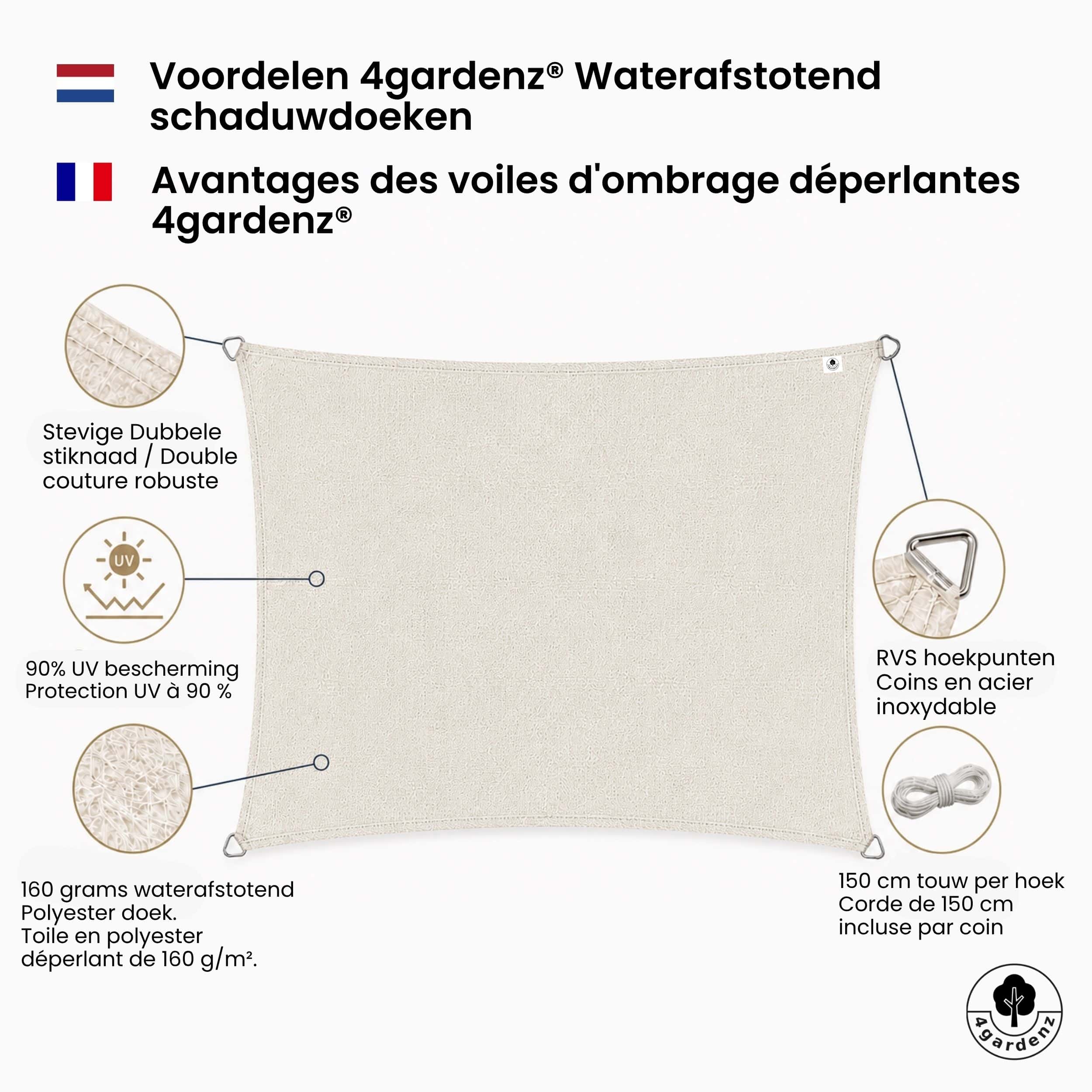 4gardenz Schaduwdoek Waterafstotend Rechthoek 5x6 mtr - Crème 4gardenz Schaduwdoek Waterafstotend Rechthoek 5x6 mtr - Crème