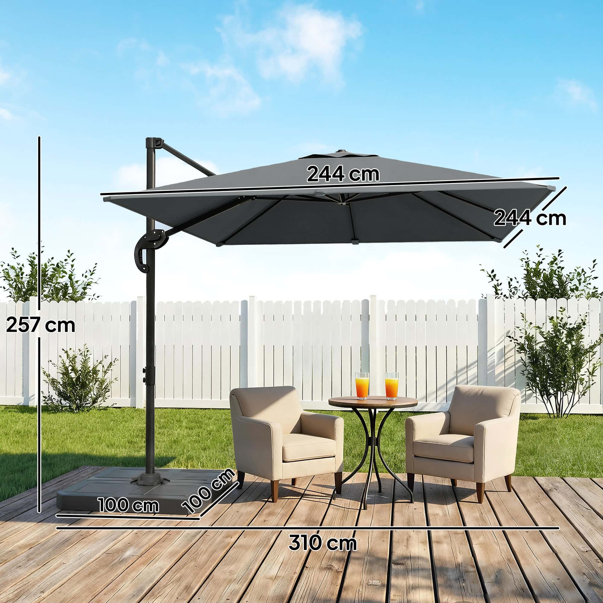 4goodz Zweefparasol Vierkant 244 cm met Parasolvoet - 360 graden draaibaar - Grijs