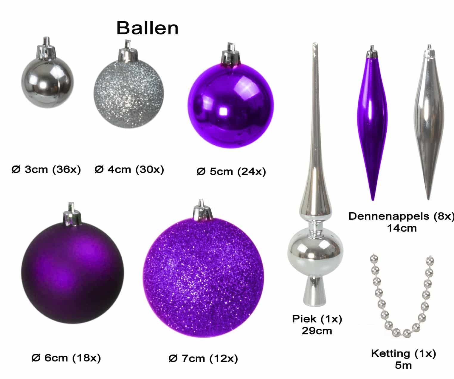 4seasonz Kerstballen Set 130 ballen met Piek &amp; Slinger - Paars/Zilver