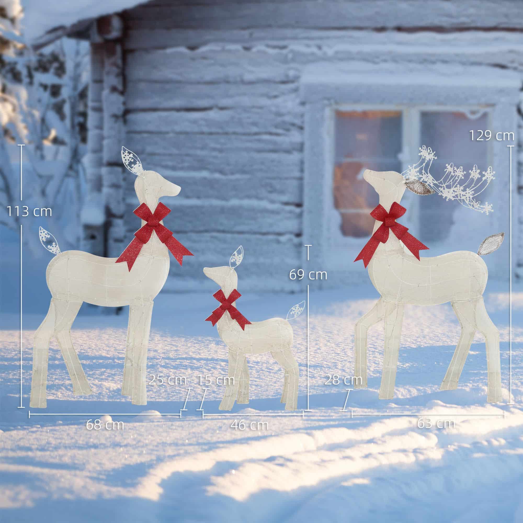 Set van 3 Rendieren met rode strik met LED Verlichting - Goud