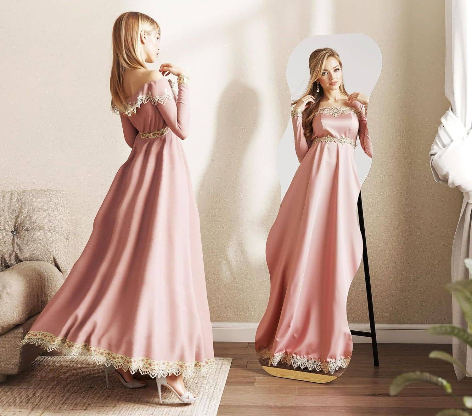 4goodz Frameloze Passpiegel 160x50 cm met houten voet - golfvormig 4goodz Frameloze Passpiegel 160x50 cm met houten voet - golfvormig