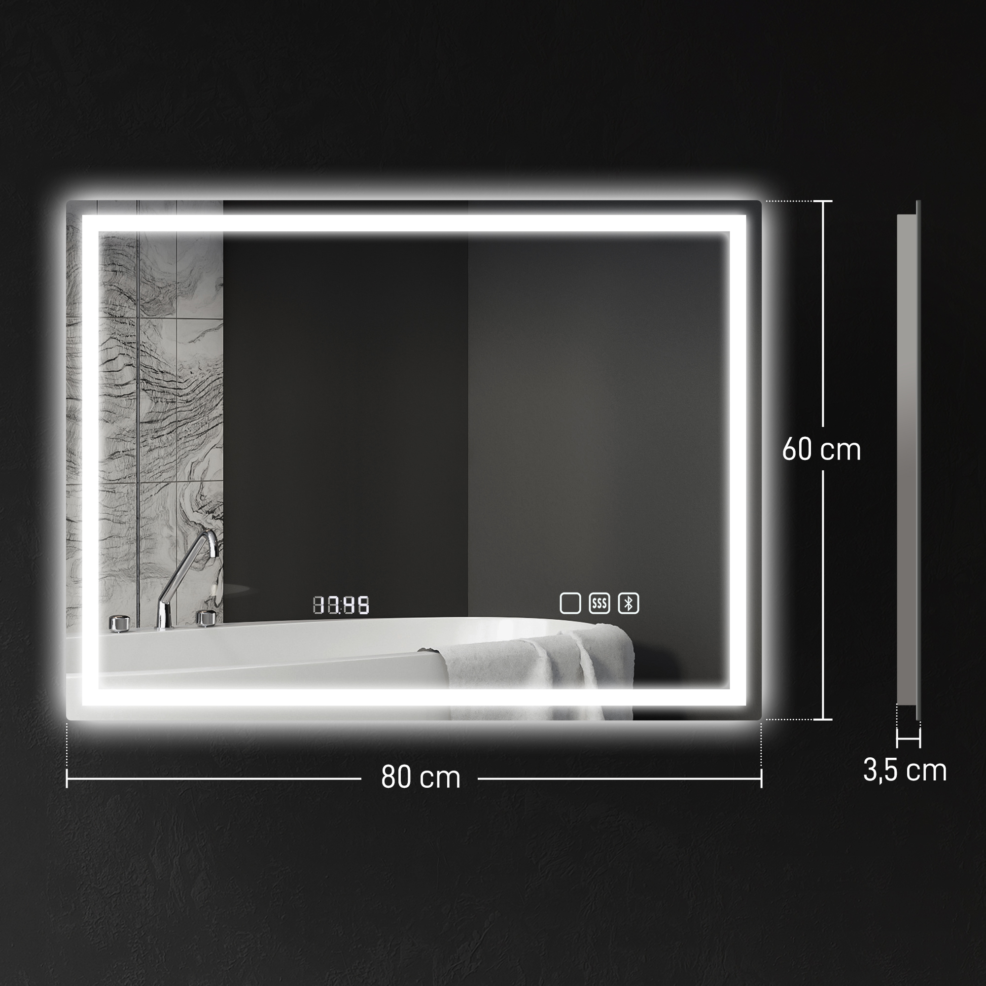 LED Badkamerspiegel met Verlichting, muziek en klok - Anti-condens - 60x80 cm