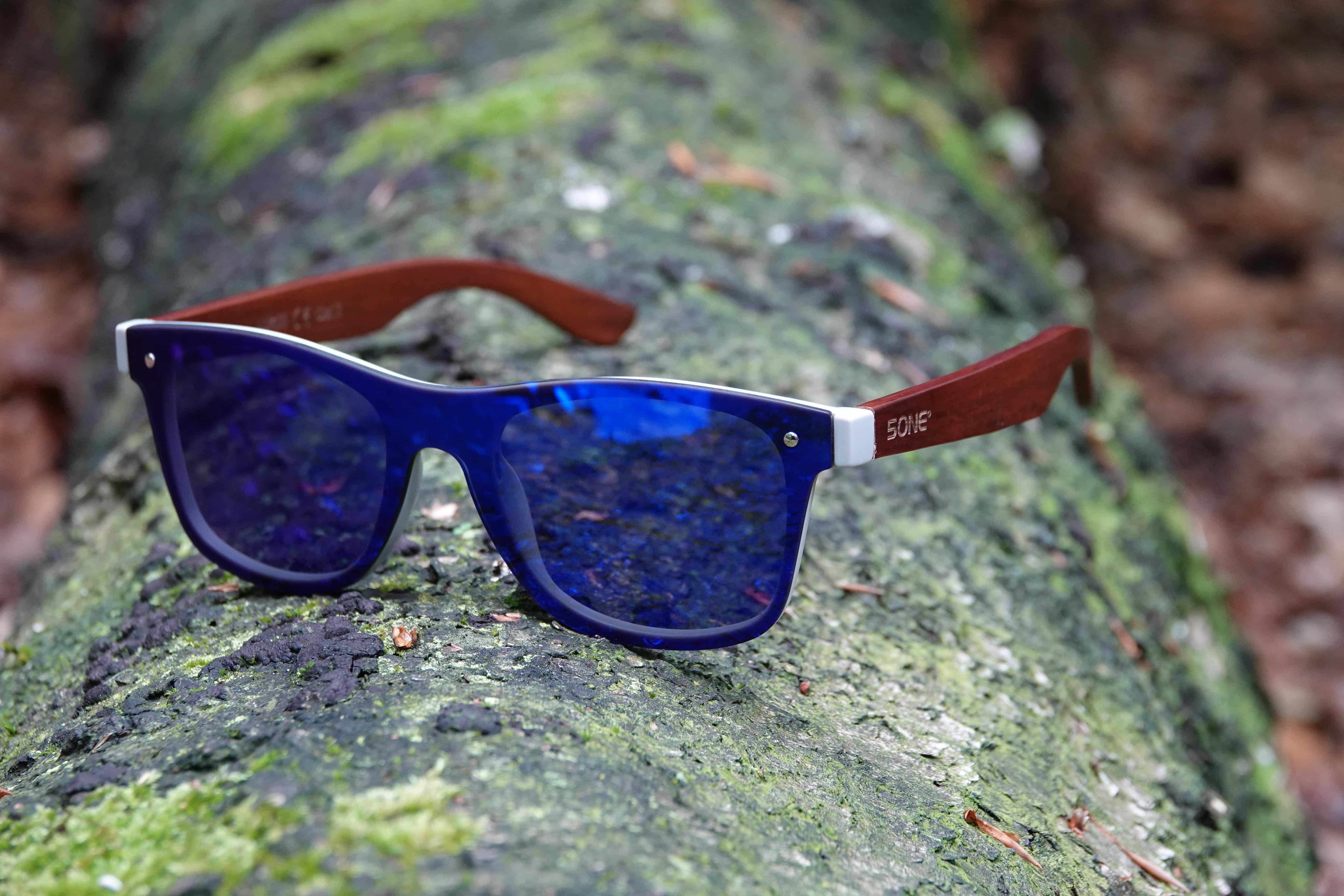 5one® Hvar Brown Wood Revo Blue - wayfarer flat zonnebril