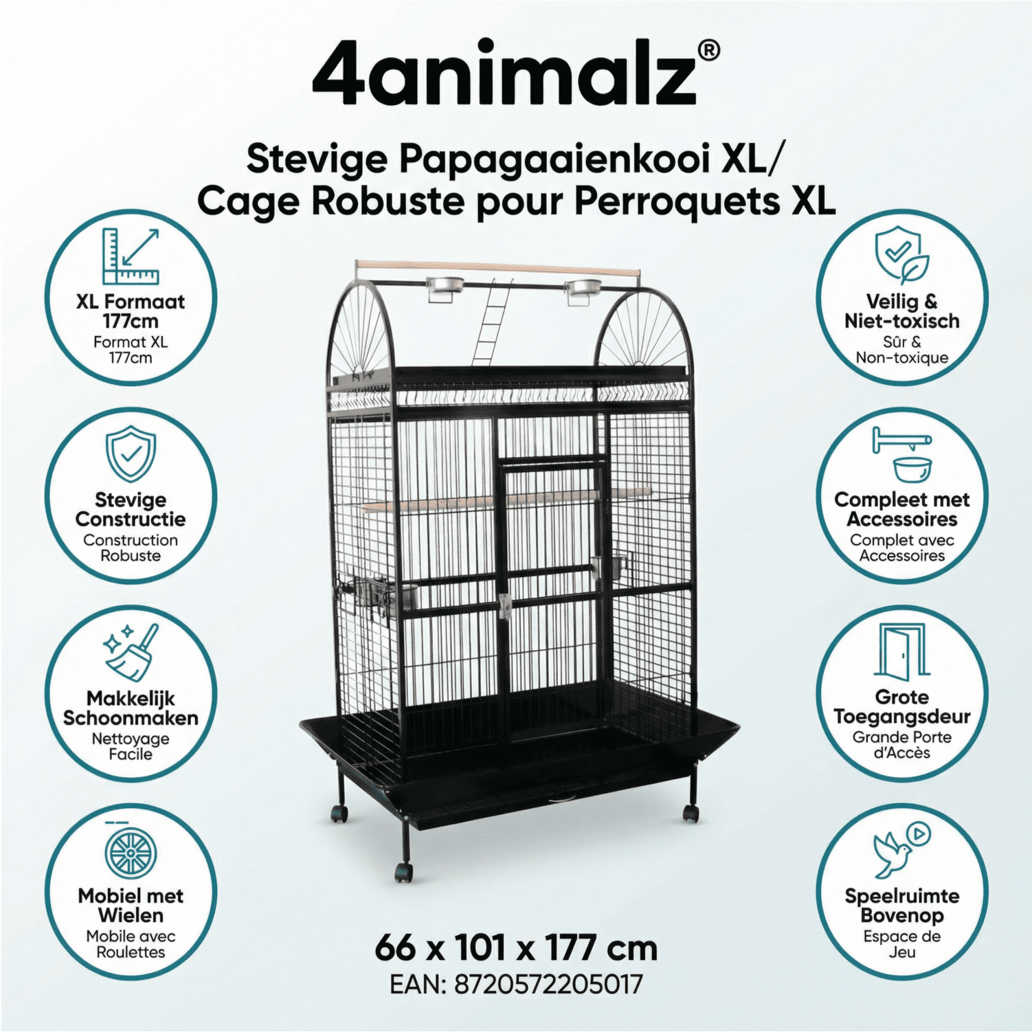 4animalz® Stevige Papagaaienkooi XL - Vogelkooi 66x101x177 cm - Parkietenkooi - Zwart 4animalz® Stevige Papagaaienkooi XL - Vogelkooi 66x101x177 cm - Parkietenkooi - Zwart