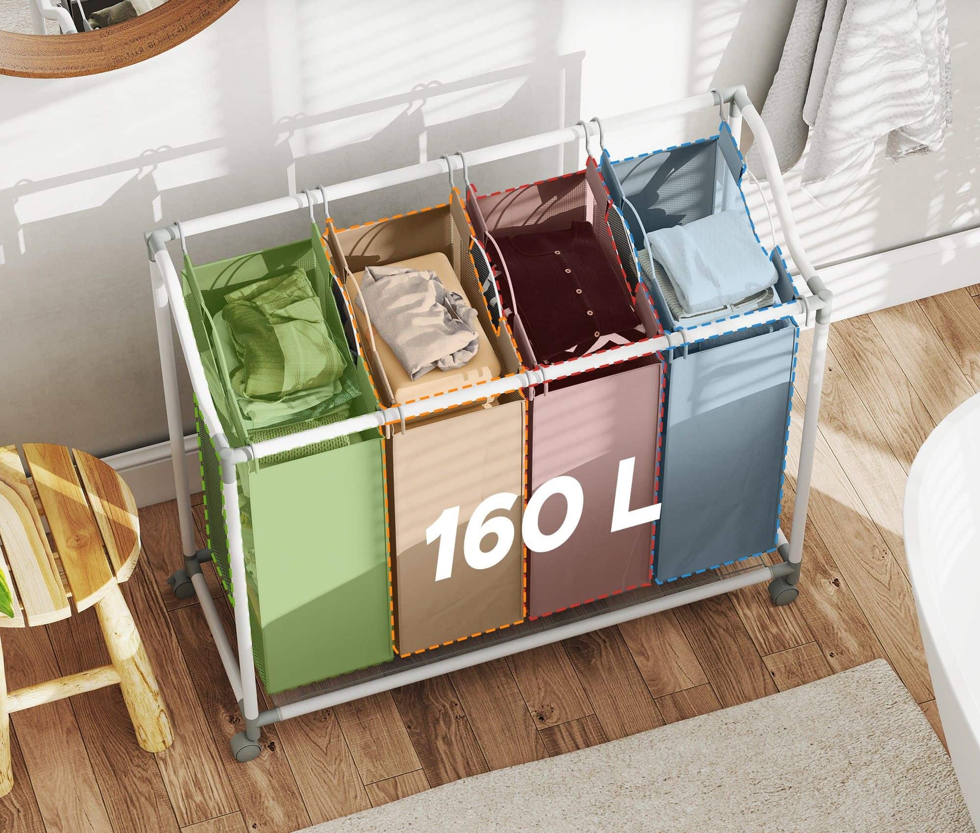 Wasmand op Wielen met 4 compartimenten - 160 ltr - uitneembare waszak