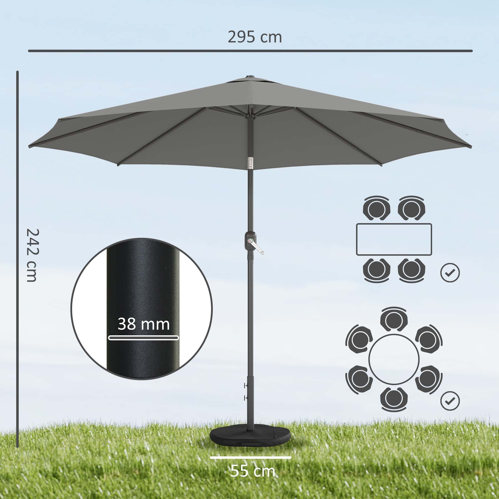 4goodz Parasol 300 cm met Kruisvoet en Zandzak - UV 30+ - Grijs