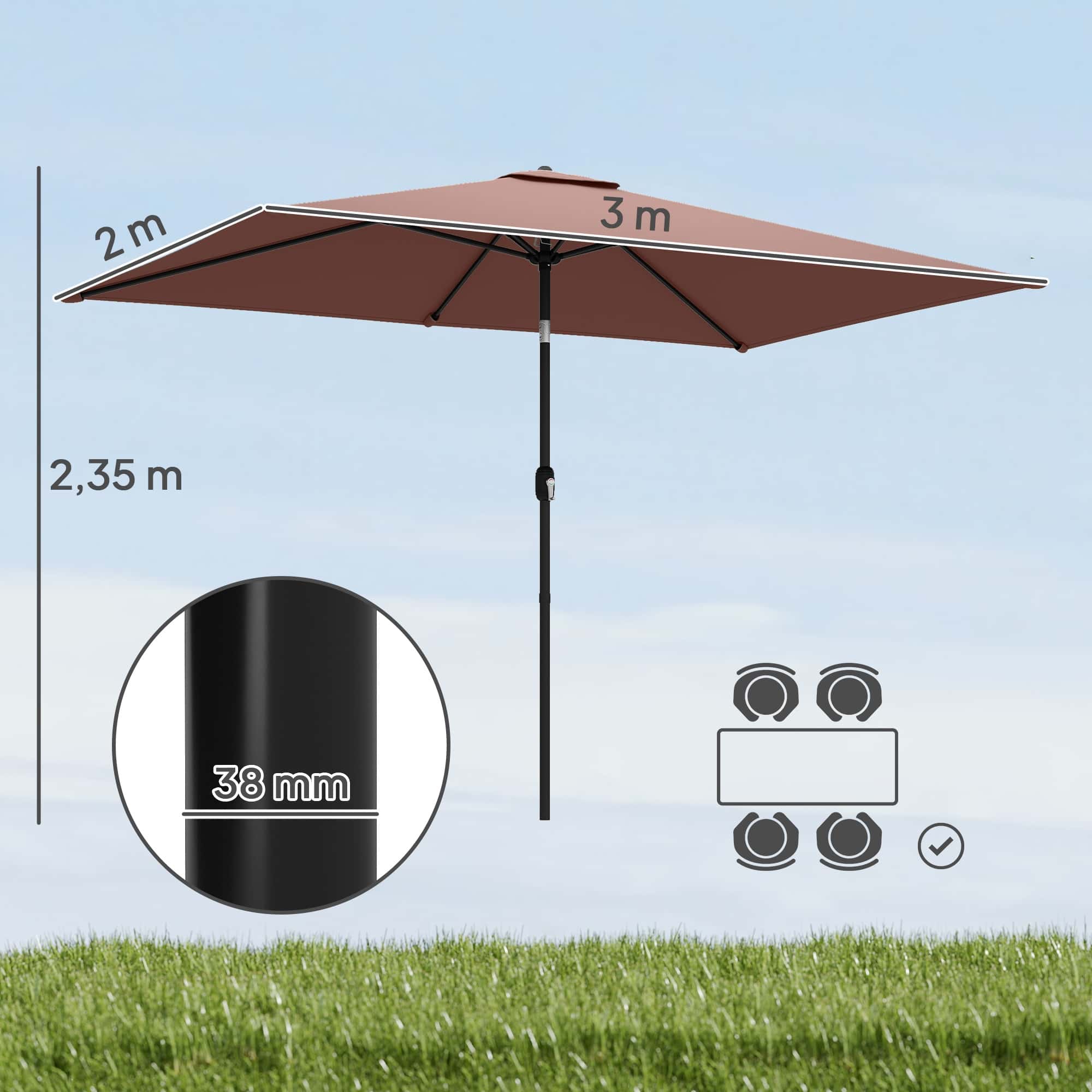 4goodz Parasol 300 x 200 cm - kantelbare balkonparasol met draaihendel - Bruin