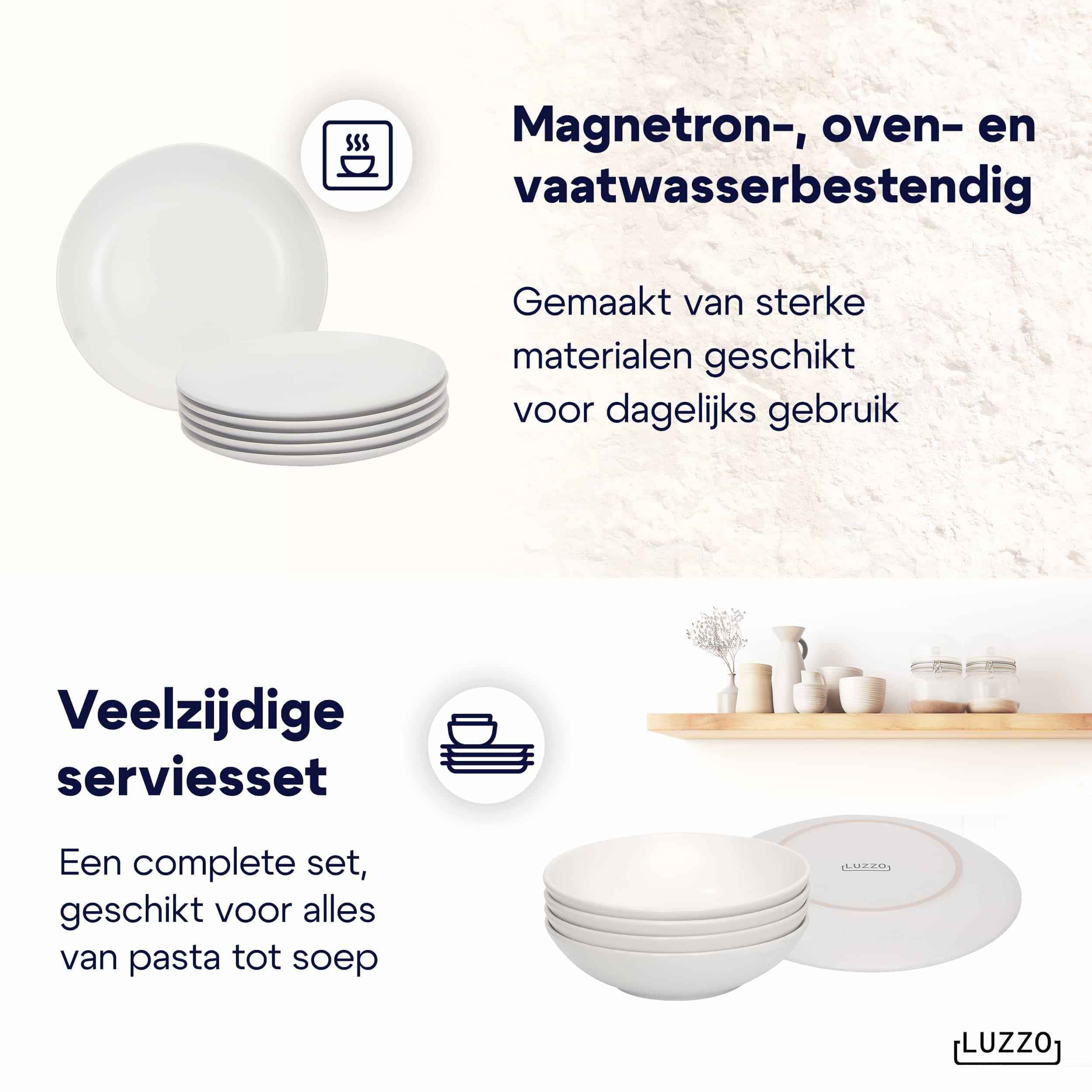 Luzzo® Serviesset Aland 6 persoons Aardewerk - 18-delig met Pastaborden - Mat Wit
