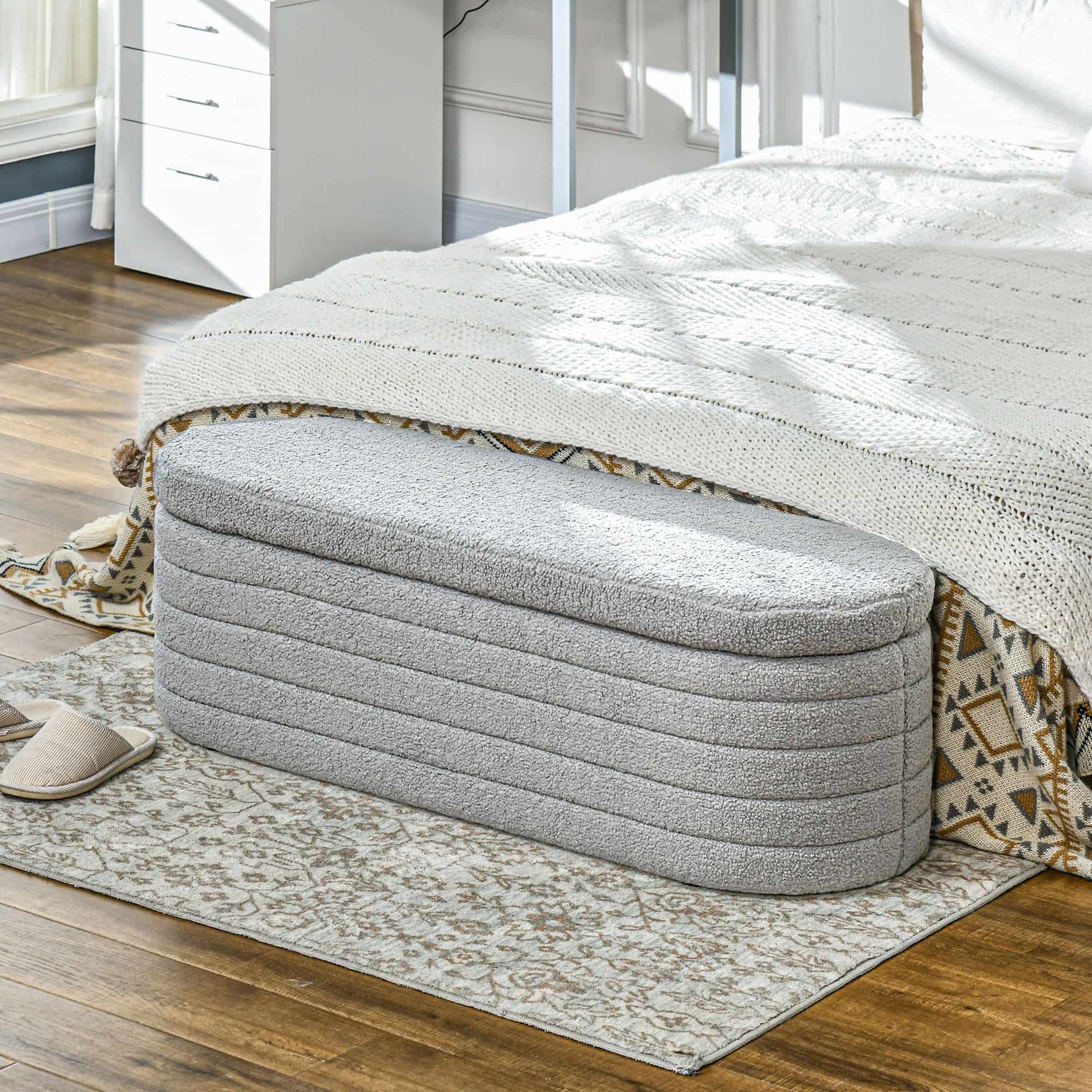 4goodz Bedbank Hocker met Opbergruimte - teddyfleece - 41x116x40 cm - lichtgrijs