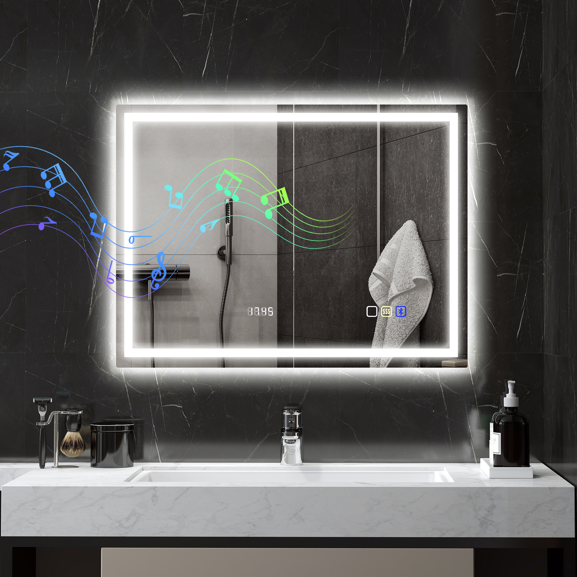 LED Badkamerspiegel met Verlichting, muziek en klok - Anti-condens - 60x80 cm