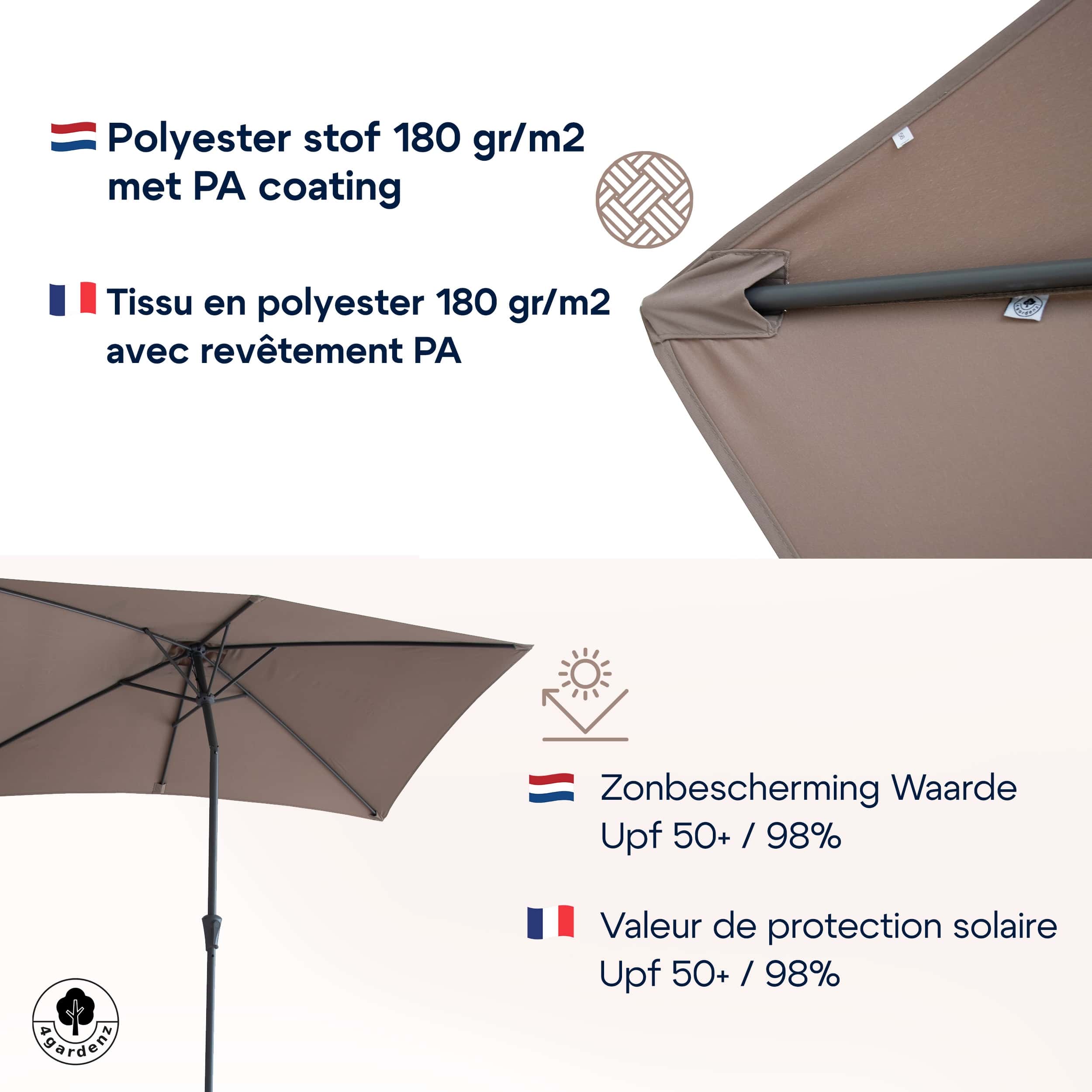 4gardenz® Parasol Rechthoek 150x250cm Kantelbaar - Balkonparasol Taupe