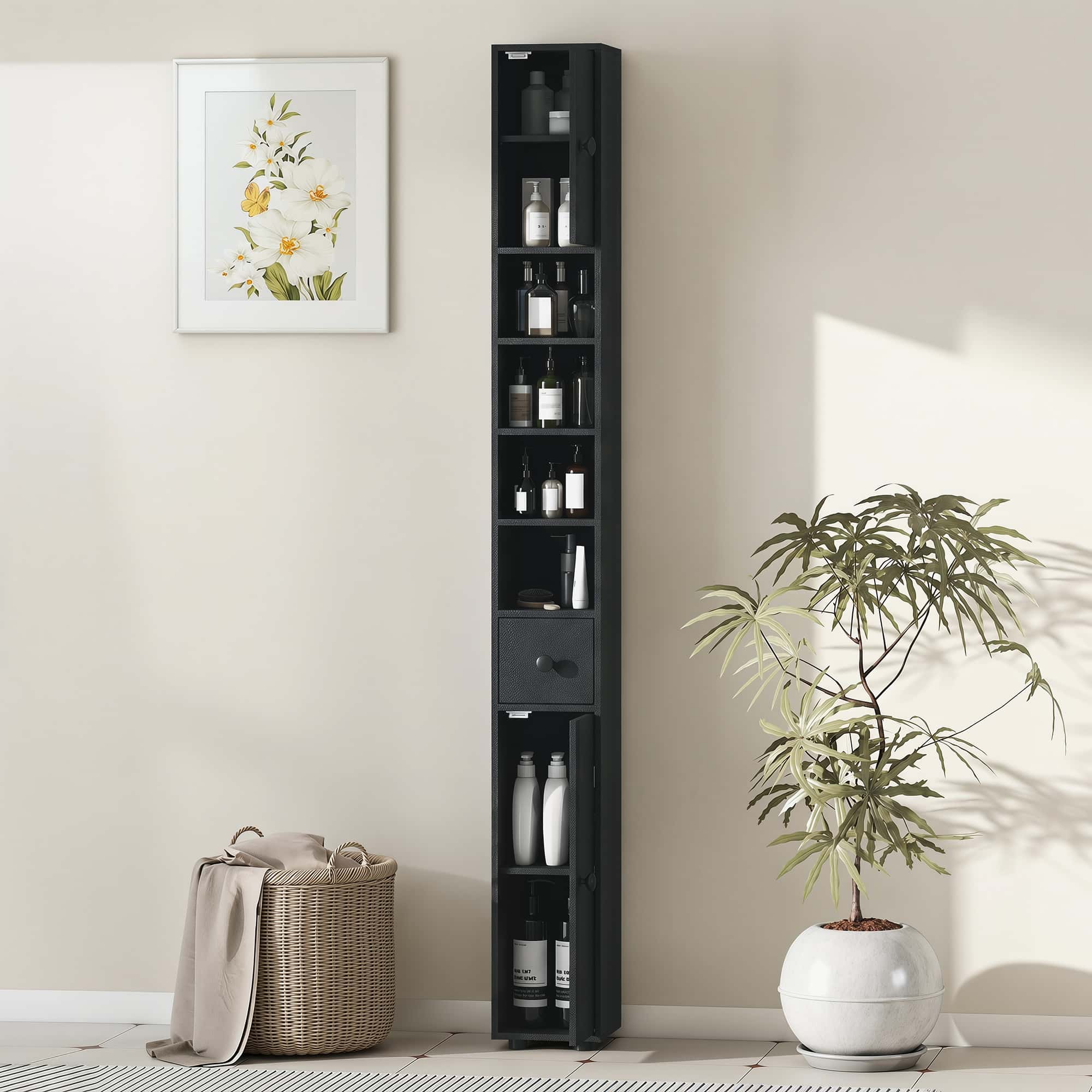 4goodz 180 cm Smalle Badkamerkast - met lade en 2 deuren - zwart