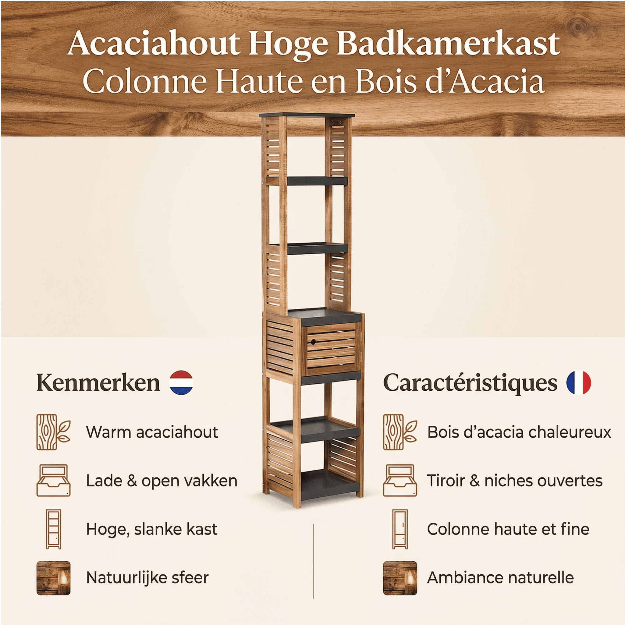 Acaciahout Hoge Badkamerkast 1 deur en 5 legplanken 30x38x170 cm Acaciahout Hoge Badkamerkast 1 deur en 5 legplanken 30x38x170 cm