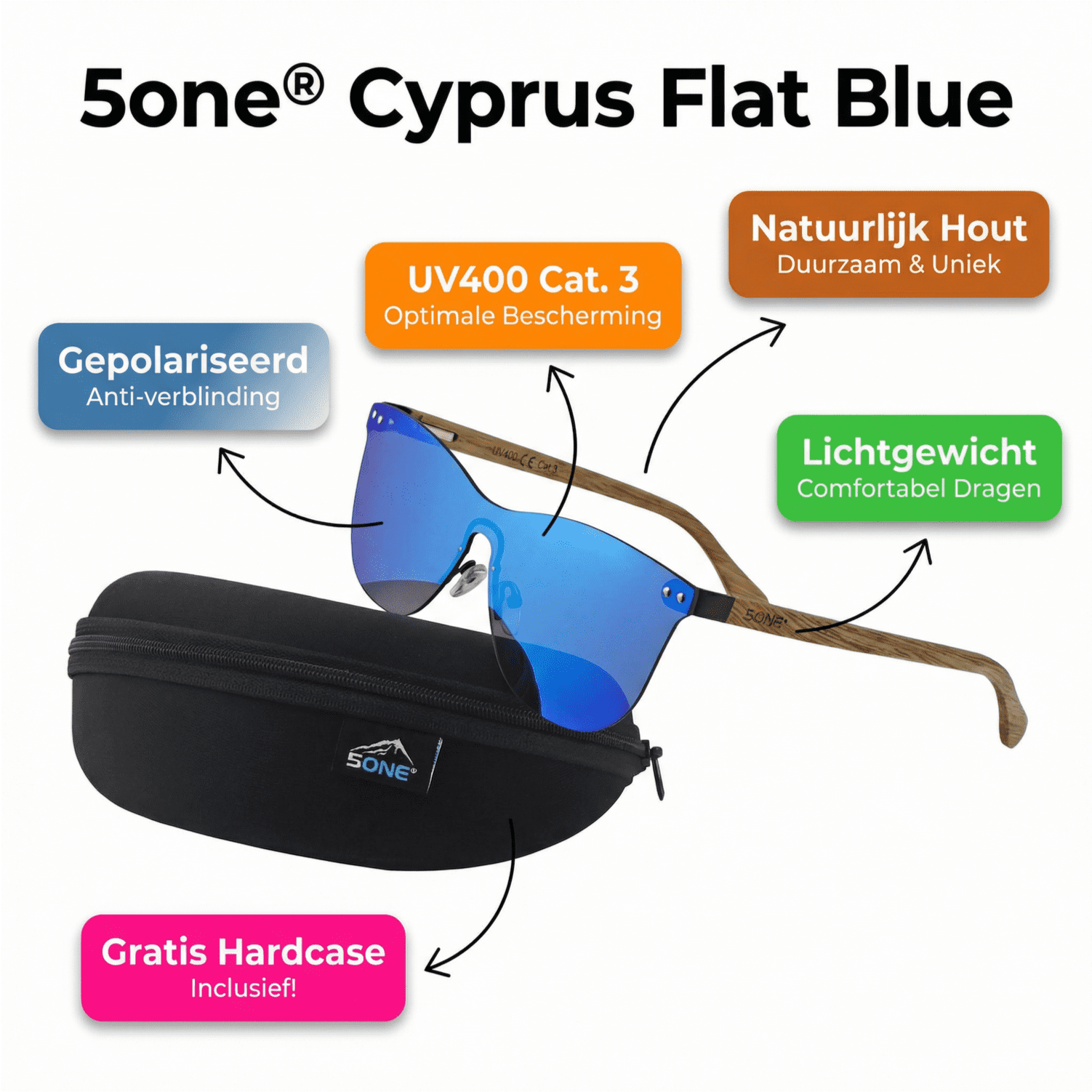 5one® Cyprus Flat Blue - Zonnebril met Houten poten - Spiegellens