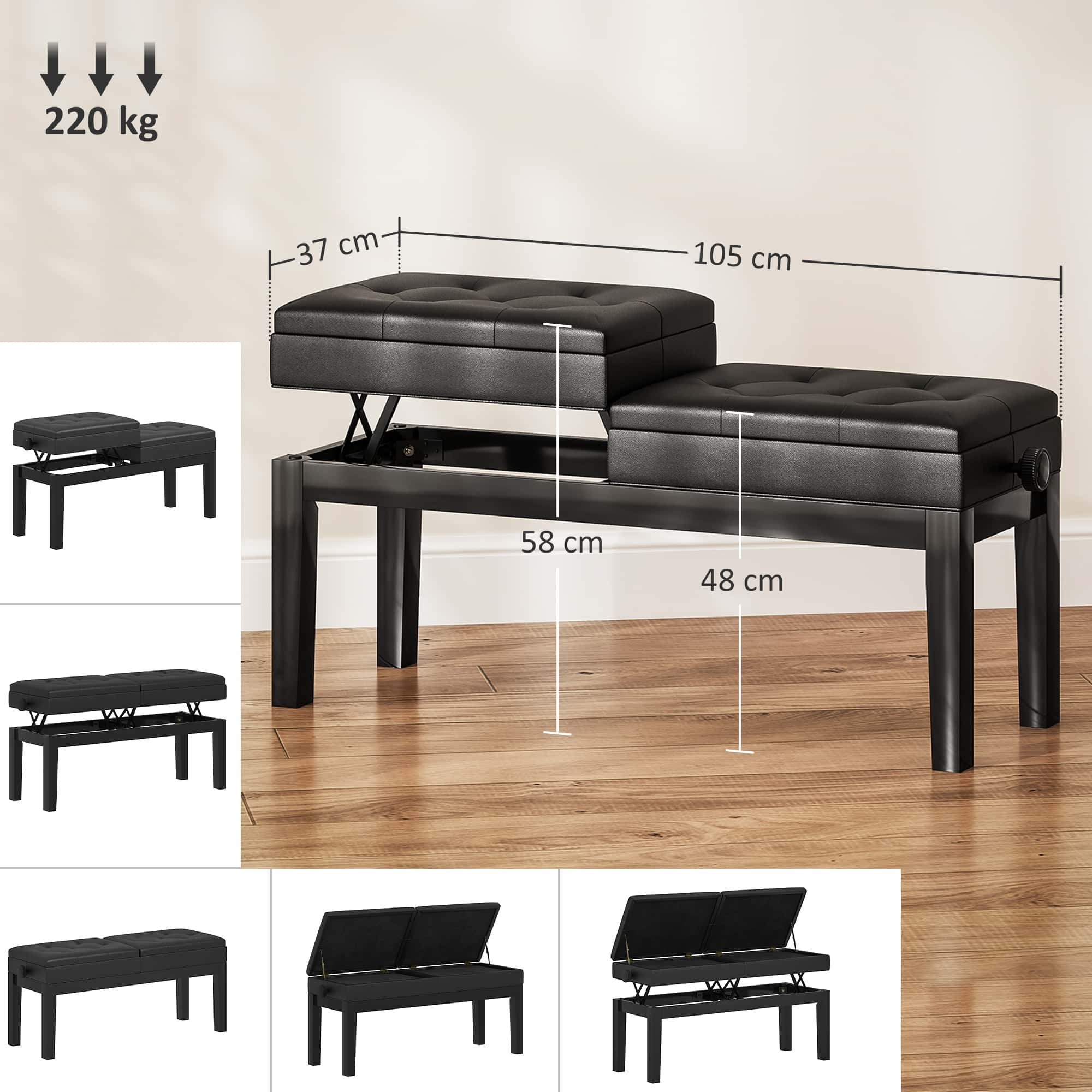 4goodz Pianobank met Verstelbare Dubbele Zitplaats en Opbergruimte - Kunstleer Zwart
