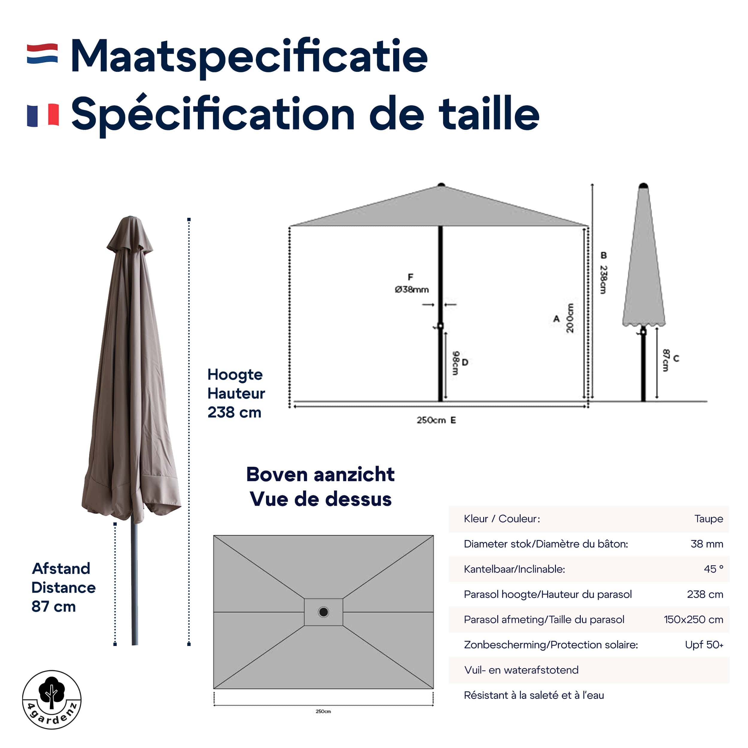 4gardenz® Parasol Rechthoek 150x250cm Kantelbaar - Balkonparasol Taupe