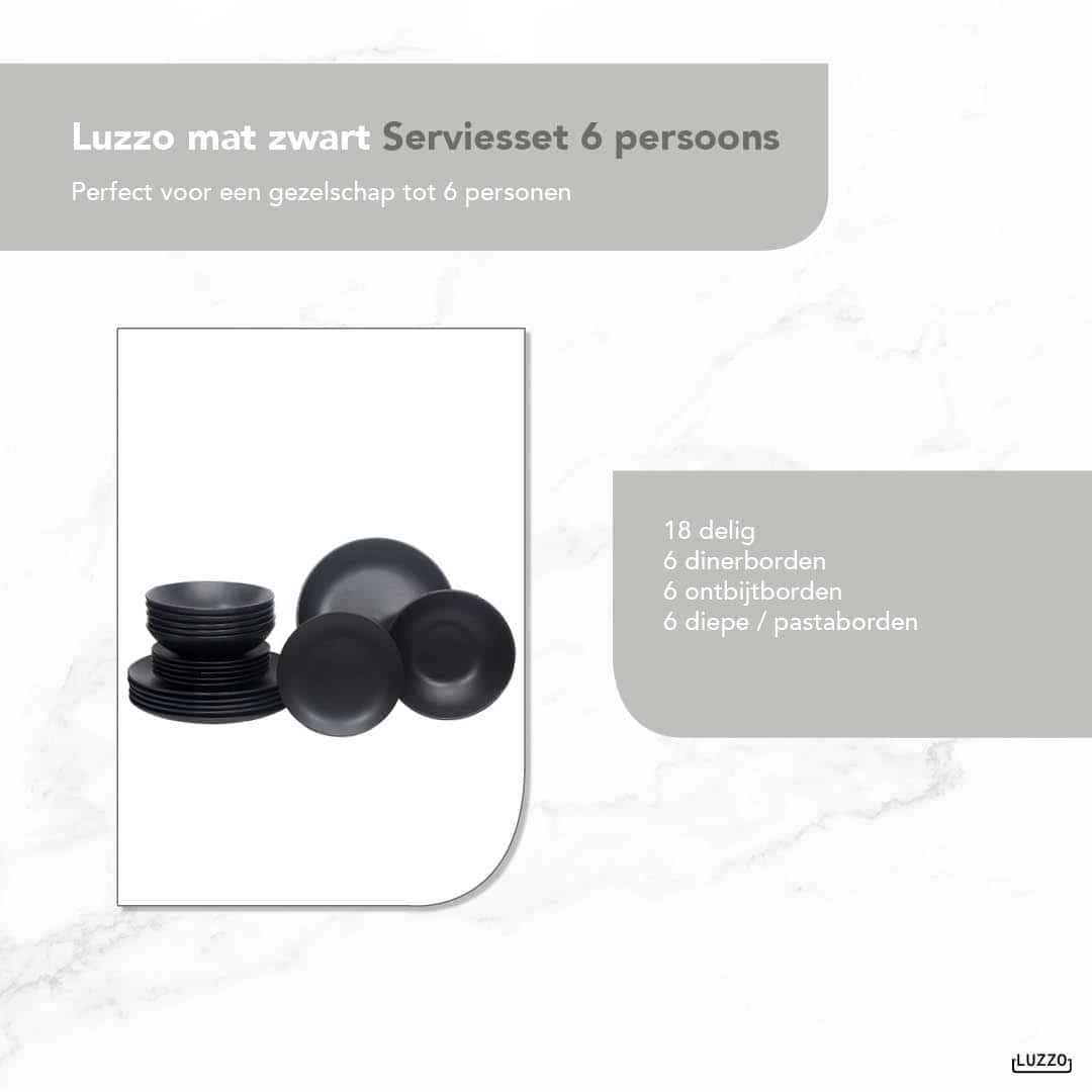 Luzzo® Serviesset Aland 6 persoons Aardewerk - 18-delig met Pastaborden - Mat Zwart