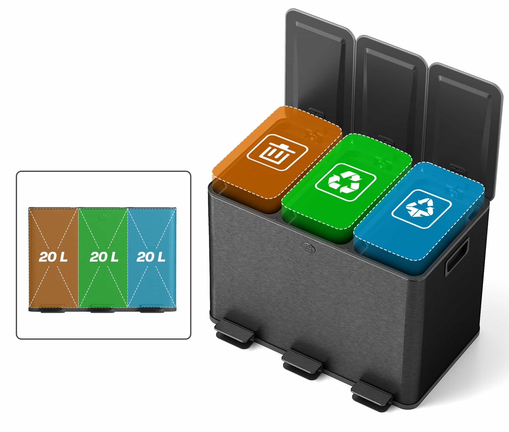 Prullenbak Afvalscheiding 3 x 20L - Geurfilter - emmers uitneembaar - Zwart