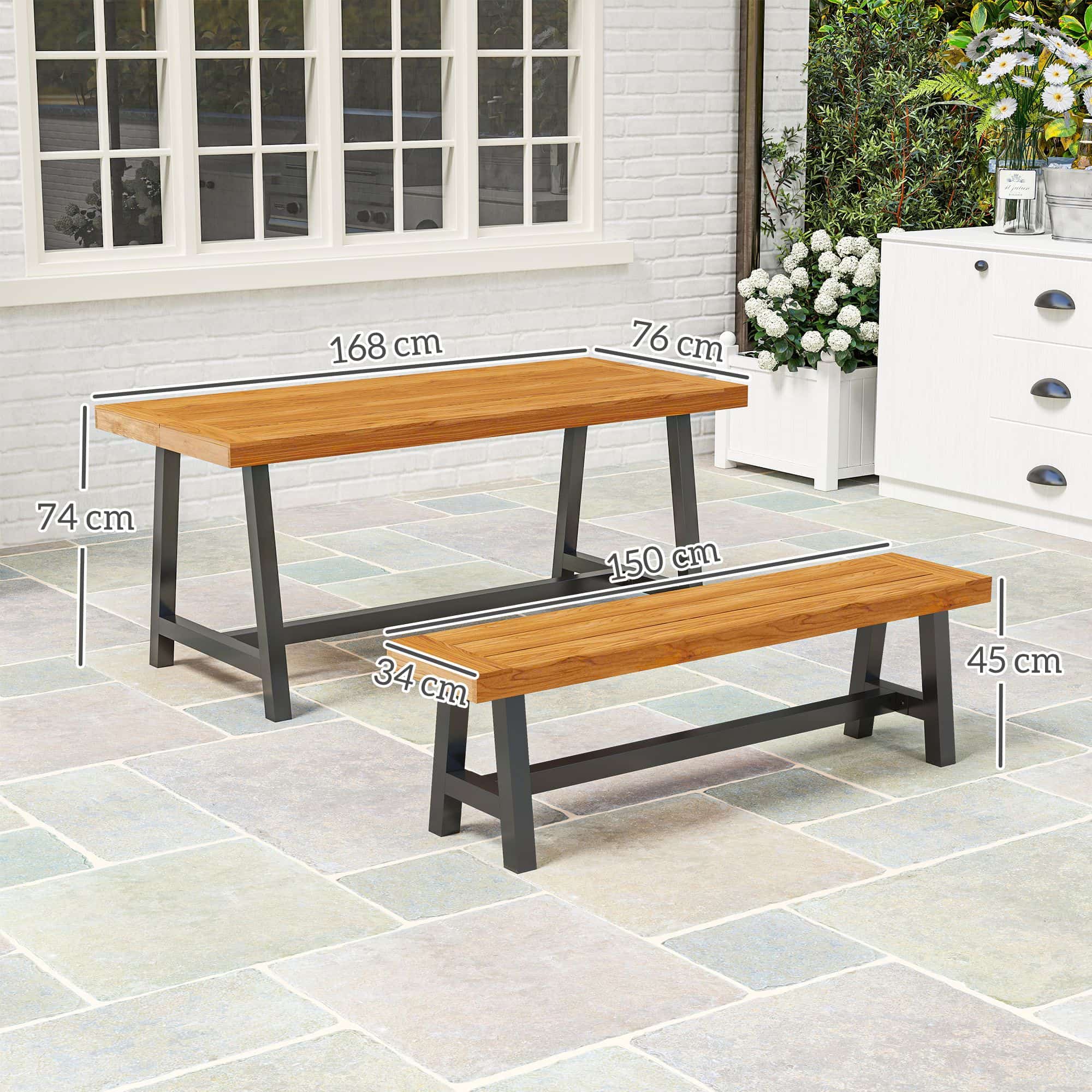 Tuintafelset voor 4 Personen met houten tafelblad - Zwart/Bruin