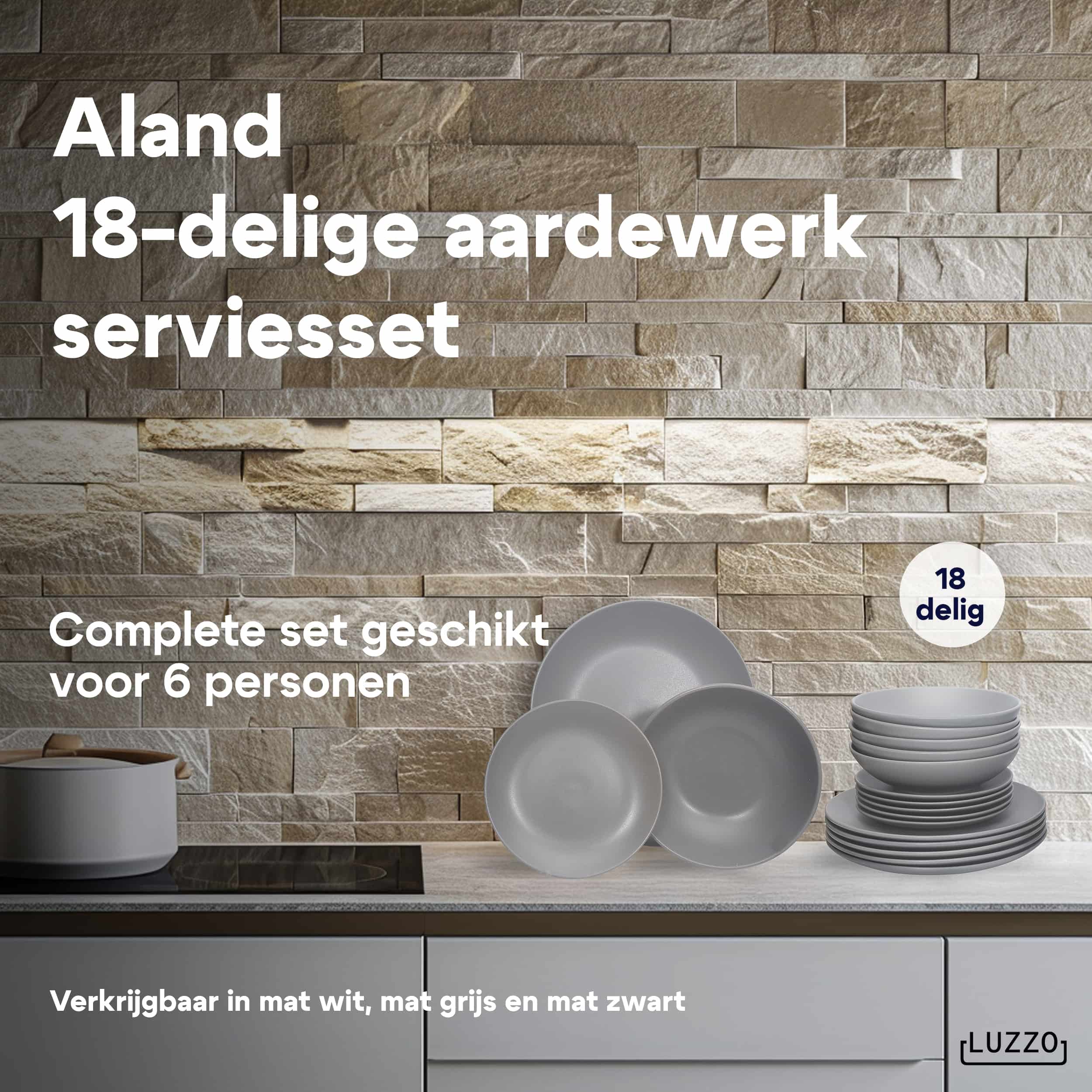 Luzzo® Serviesset Aland 6 persoons Aardewerk - 18-delig met Pastaborden - Mat Grijs