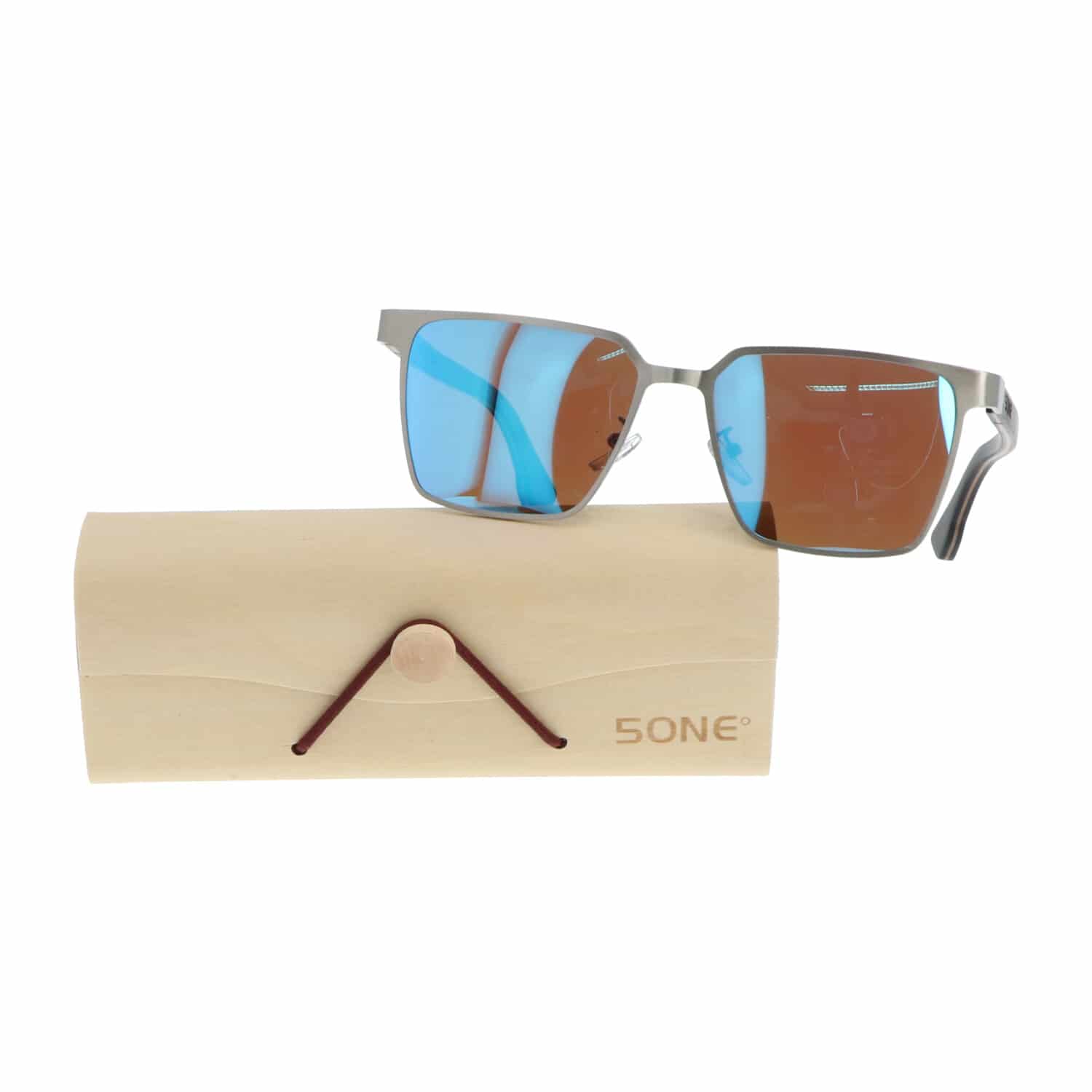 5one® Napoli Square Blue - Zonnebril met houten poten - spiegelglas