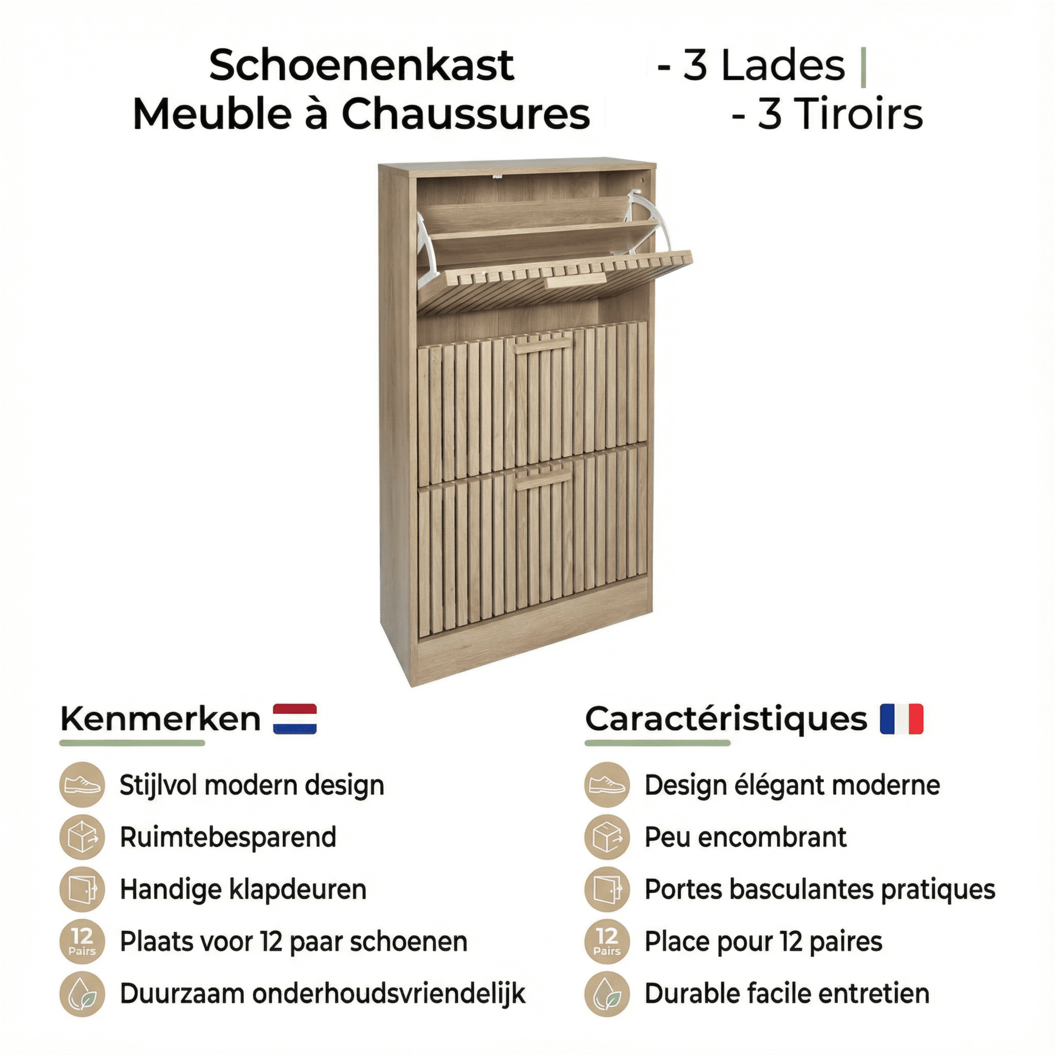 Luzzo Klub Schoenenkast 3 lades voor 12-18 paar - Paneel - Bruin