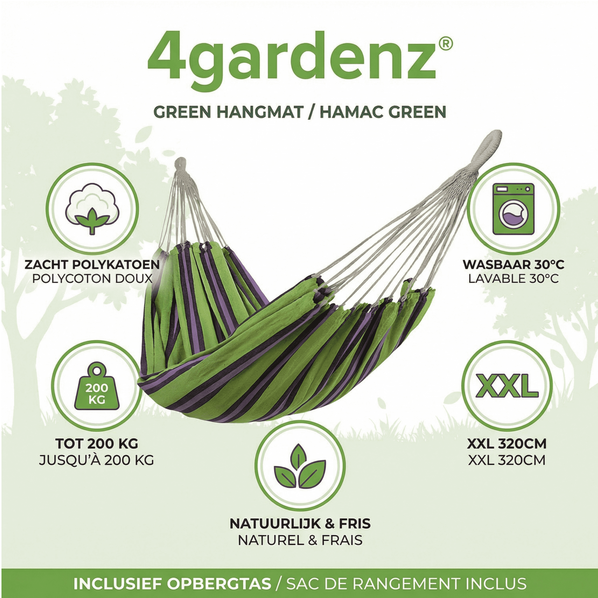 4gardenz® Green Hangmat Polykatoen 320x150 cm -- Comfortabel &amp; Sterk