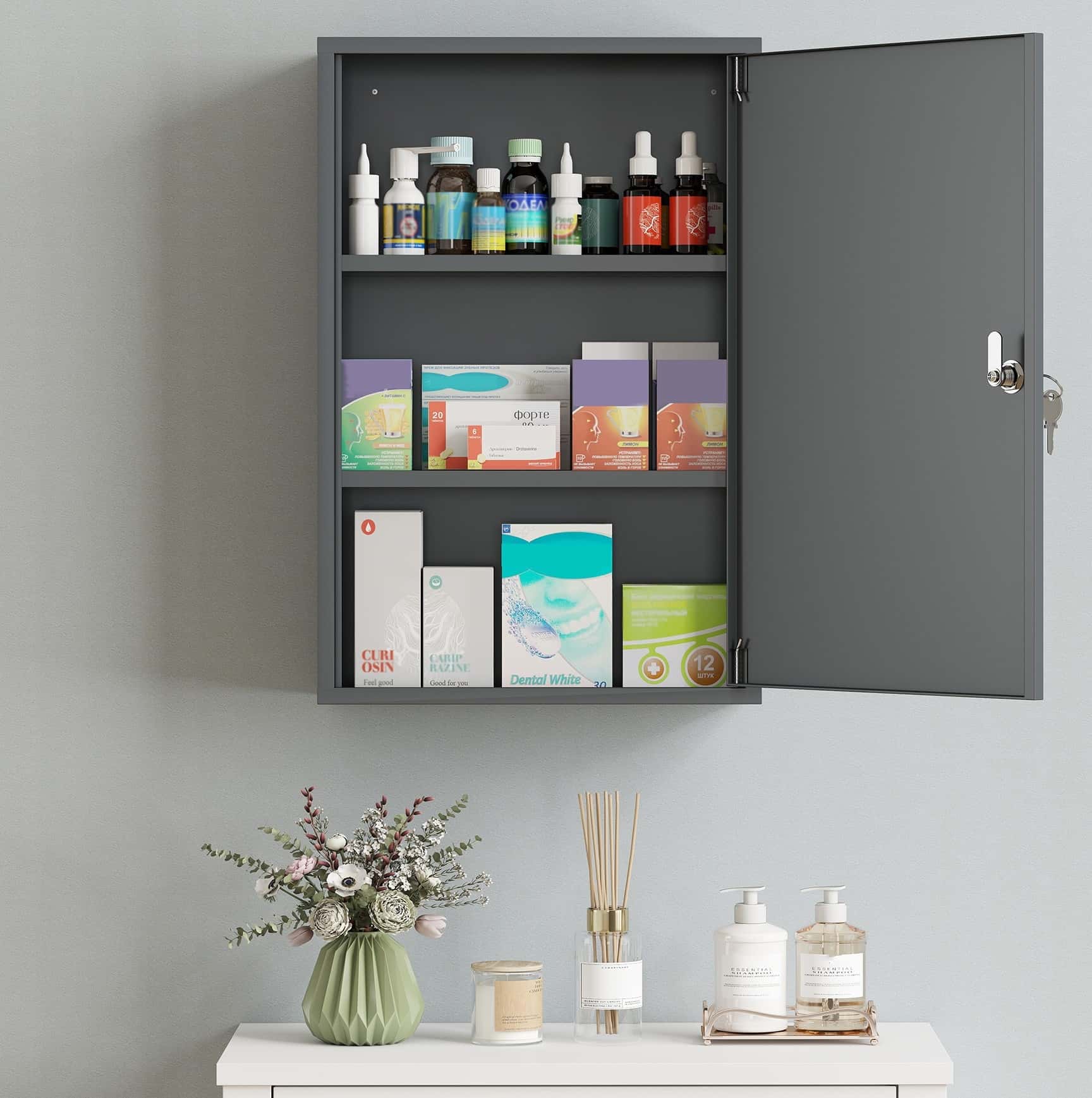4goodz Medicijnkastje metaal EHBO-kastje met slot 14x30x46 cm - Grijs