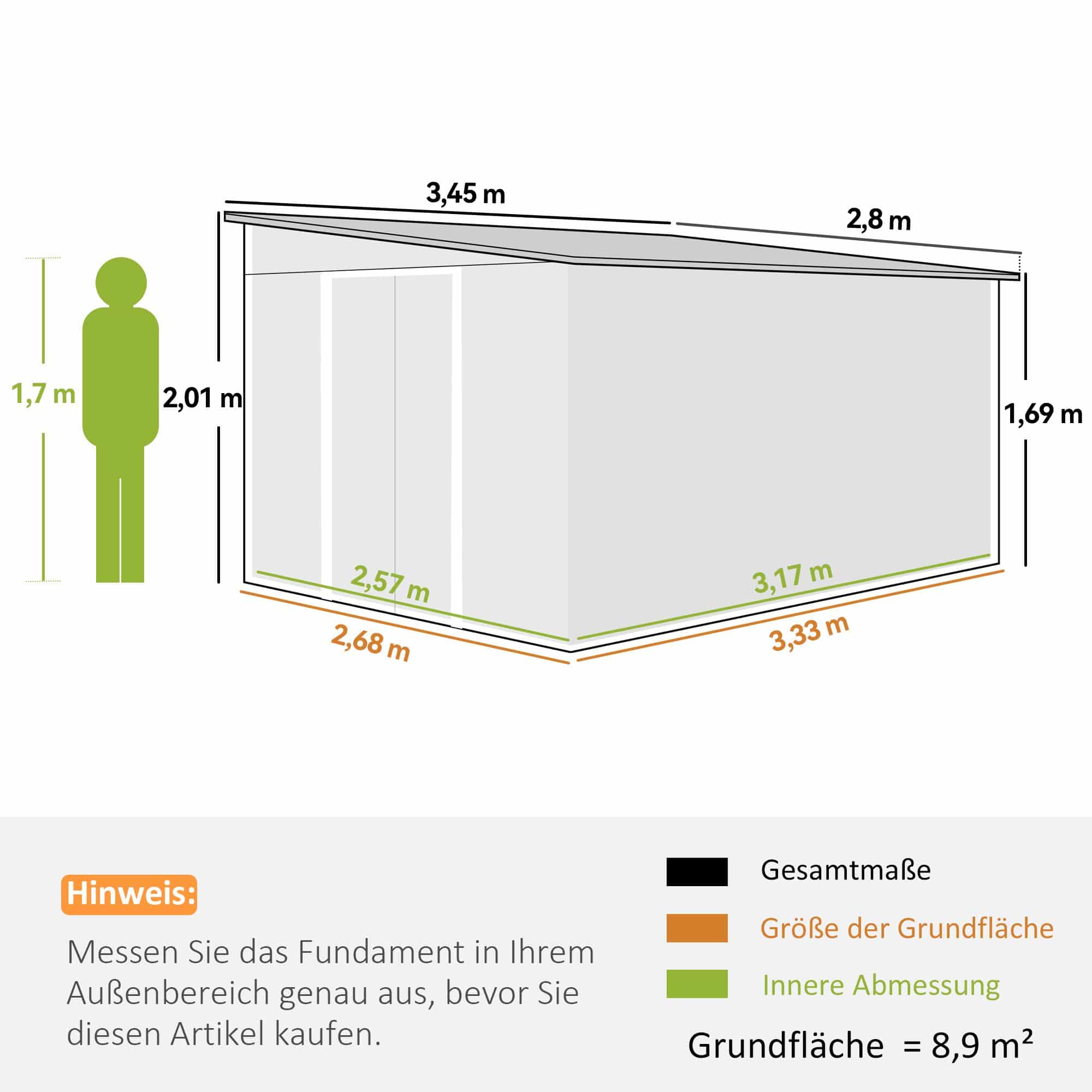 Metalen Tuinschuur met Schuin Dak - Dubbele Vergrendelbare Deuren - 2,8 x 3,45 x 2,01m - Grijs