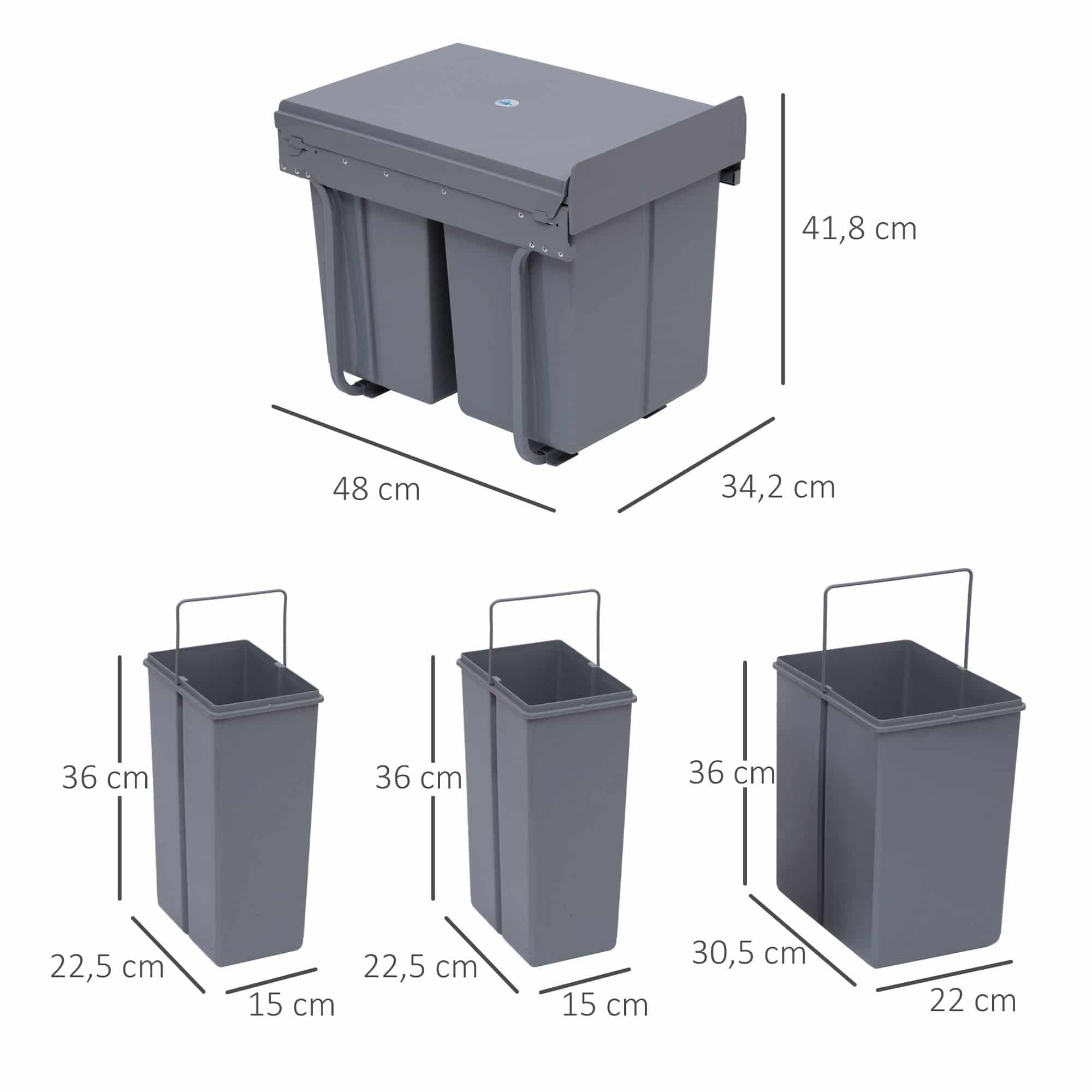 4goodz Inbouw Prullenbak met 3 Afvalemmers voor Afvalscheiding - 40 liter - 34 cm breed