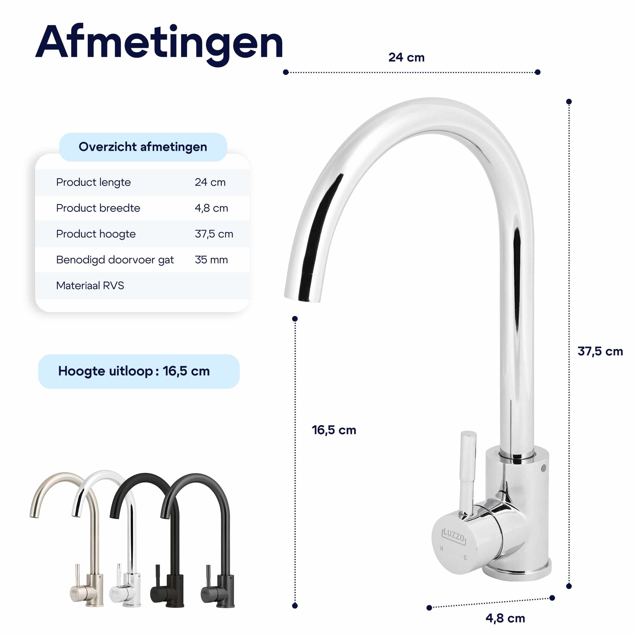 Luzzo® Lesina Keuken­ mengkraan Chroom – hoog model ronde uitloop - roest­vrij staal (RVS)
