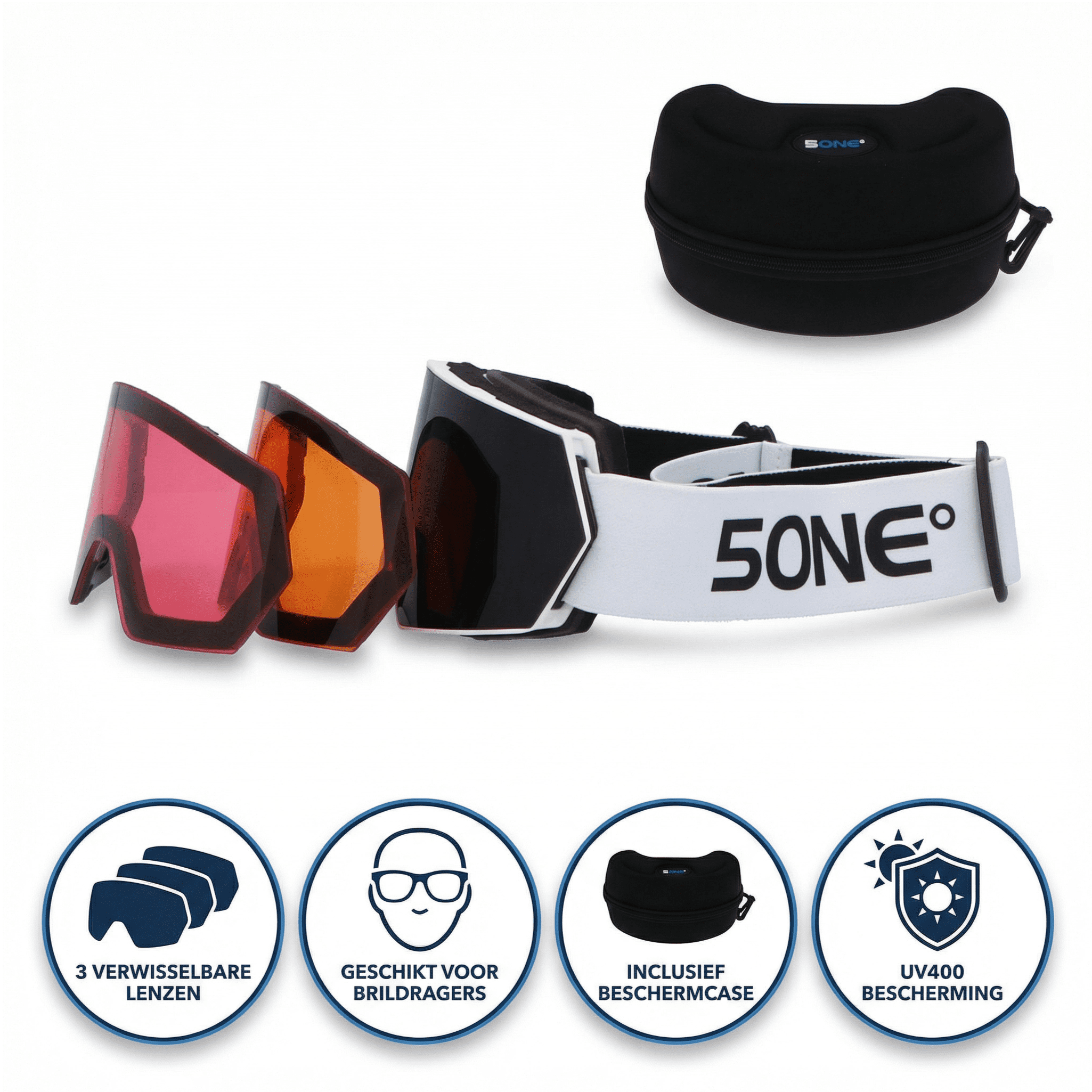 5one® Alpine 6 Black Medium Skibril met 3 lenzen - zwarte, oranje en roze lens