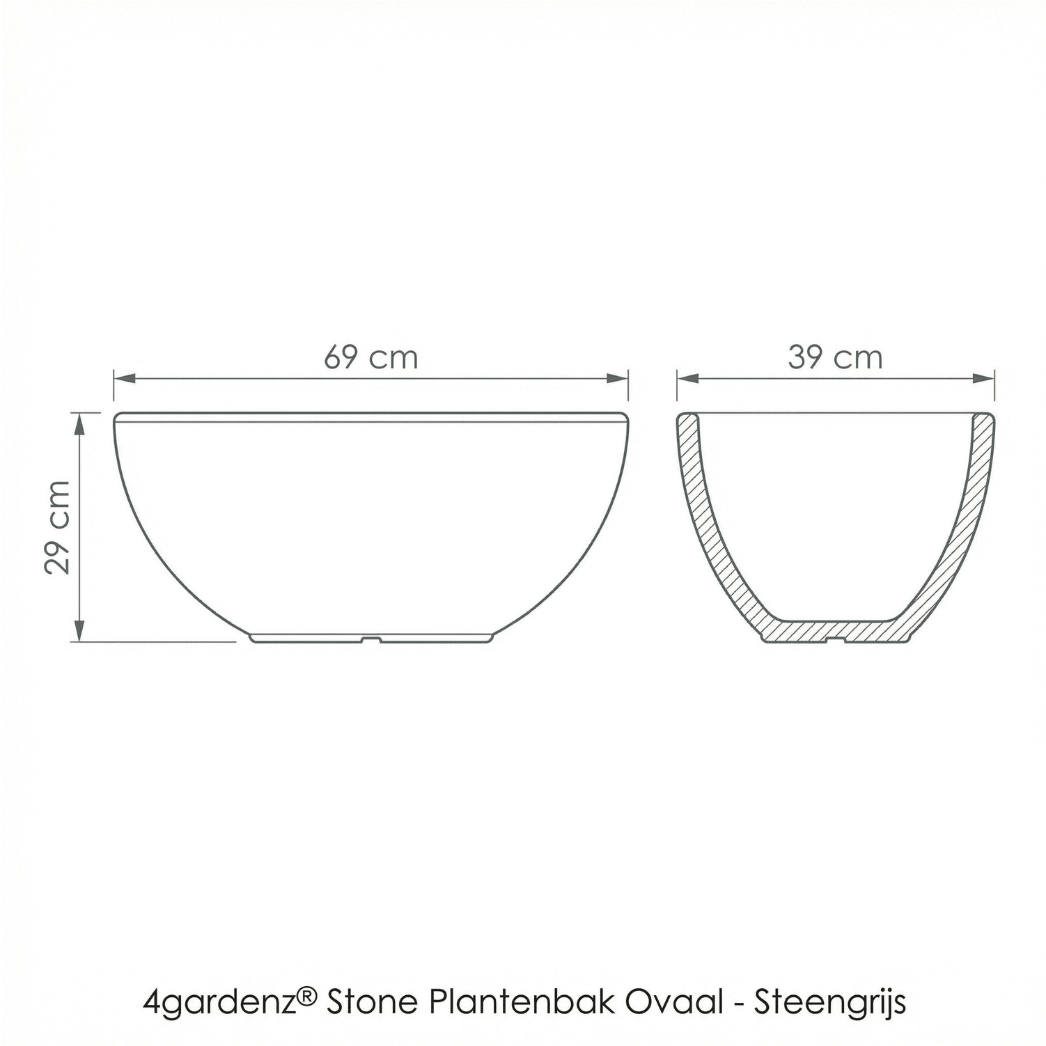 4gardenz® Stone Plantenbak Ovaal - 69x39x29 cm - Steengrijs