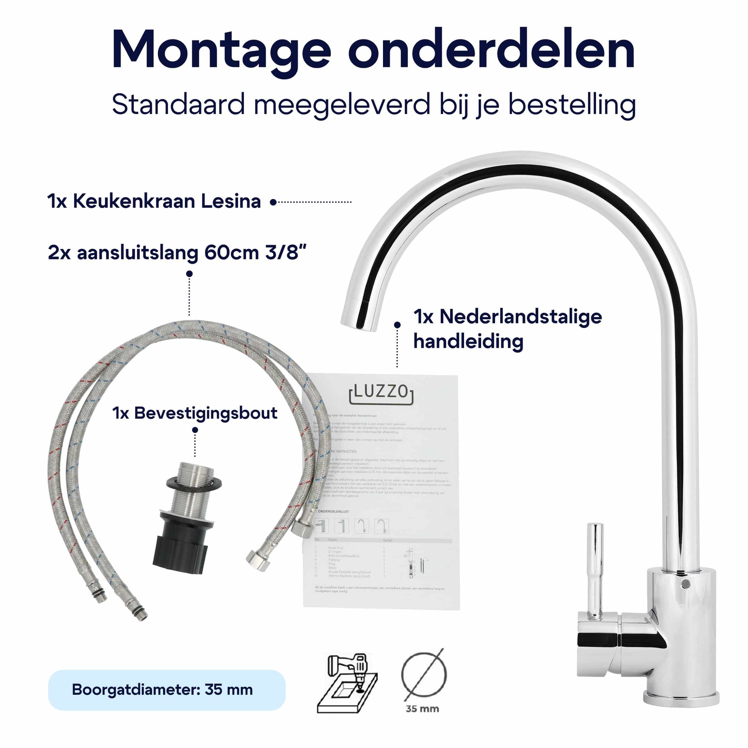 Luzzo® Lesina Keuken­ mengkraan Chroom – hoog model ronde uitloop - roest­vrij staal (RVS)