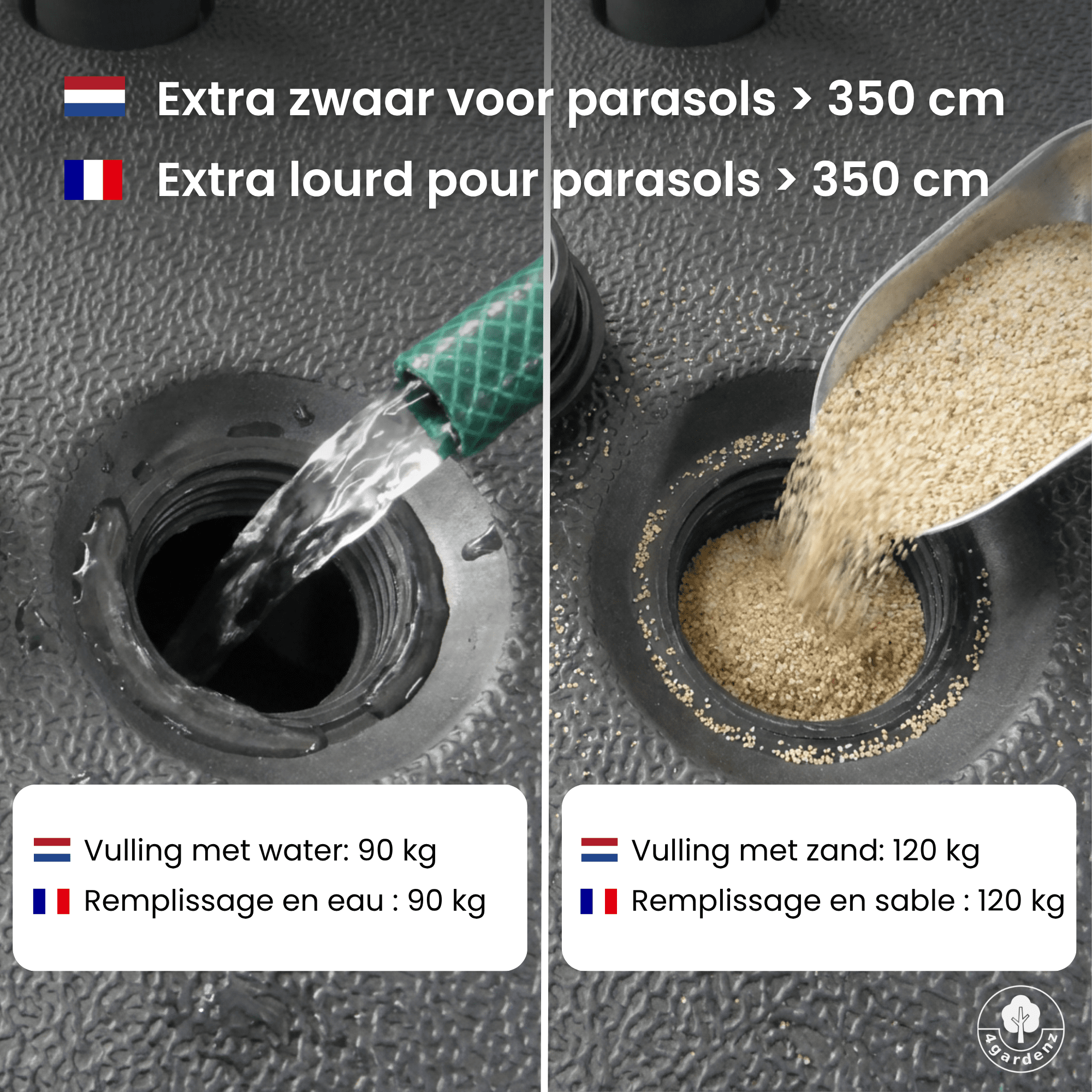 4gardenz® Parasolvoet-tegels Vulbaar 120 kg – 4-delige set voor Zweefparasols en Grote Parasols inclusief metalen klemmen