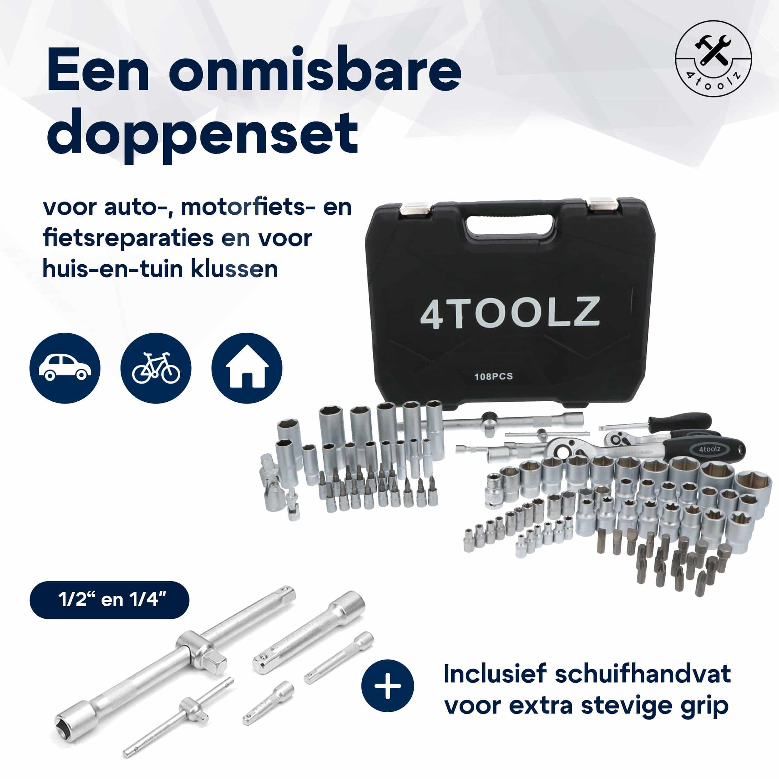 4toolz ® Doppenset 108-delig in Koffer - 72 tands Ratels 1/2&quot; en 1/4&#039;&#039; Doppen en Bit-set