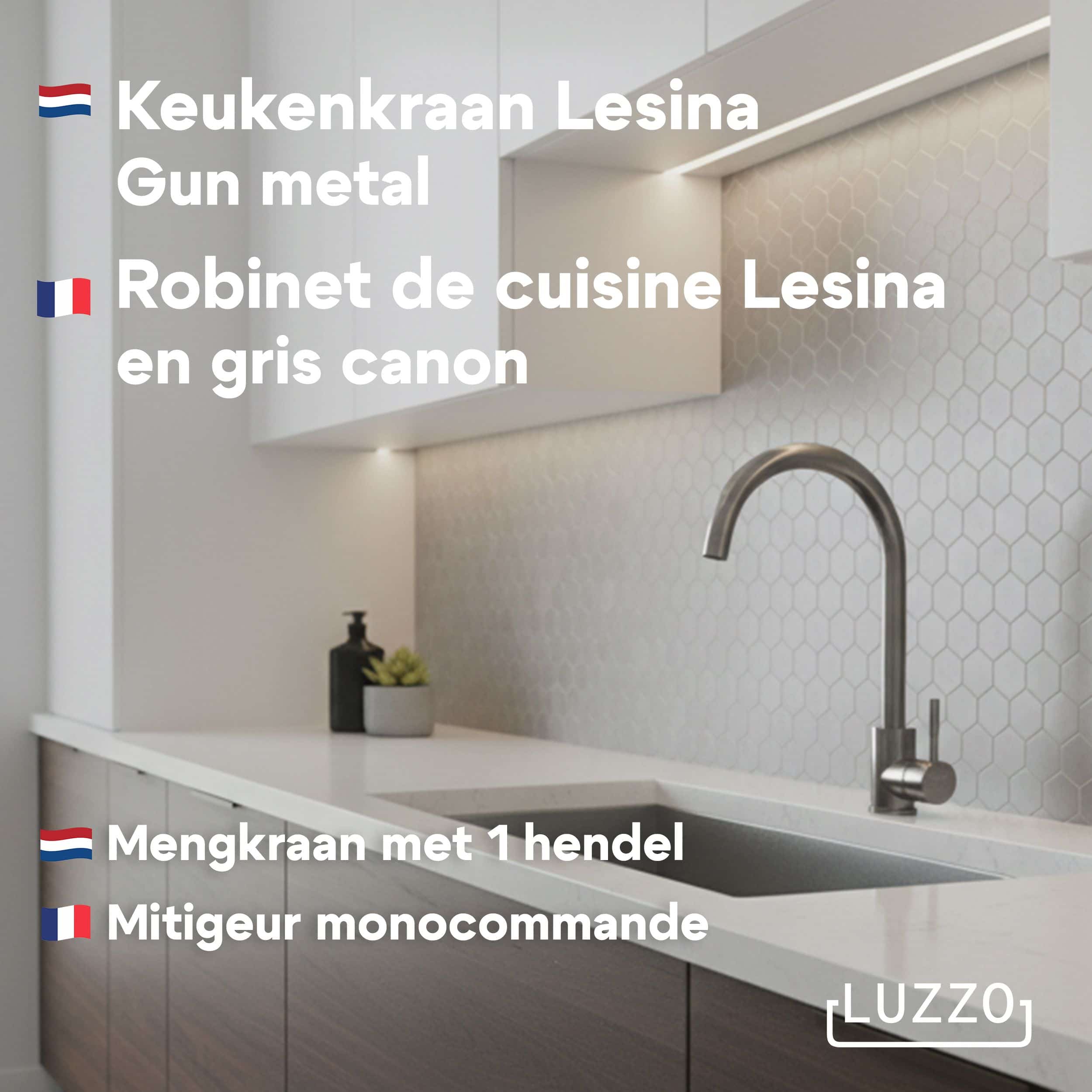 Luzzo® Lesina Keuken­ mengkraan Gun Metal – hoog model ronde uitloop - 100% roest­vrij staal (RVS) - strak modern design