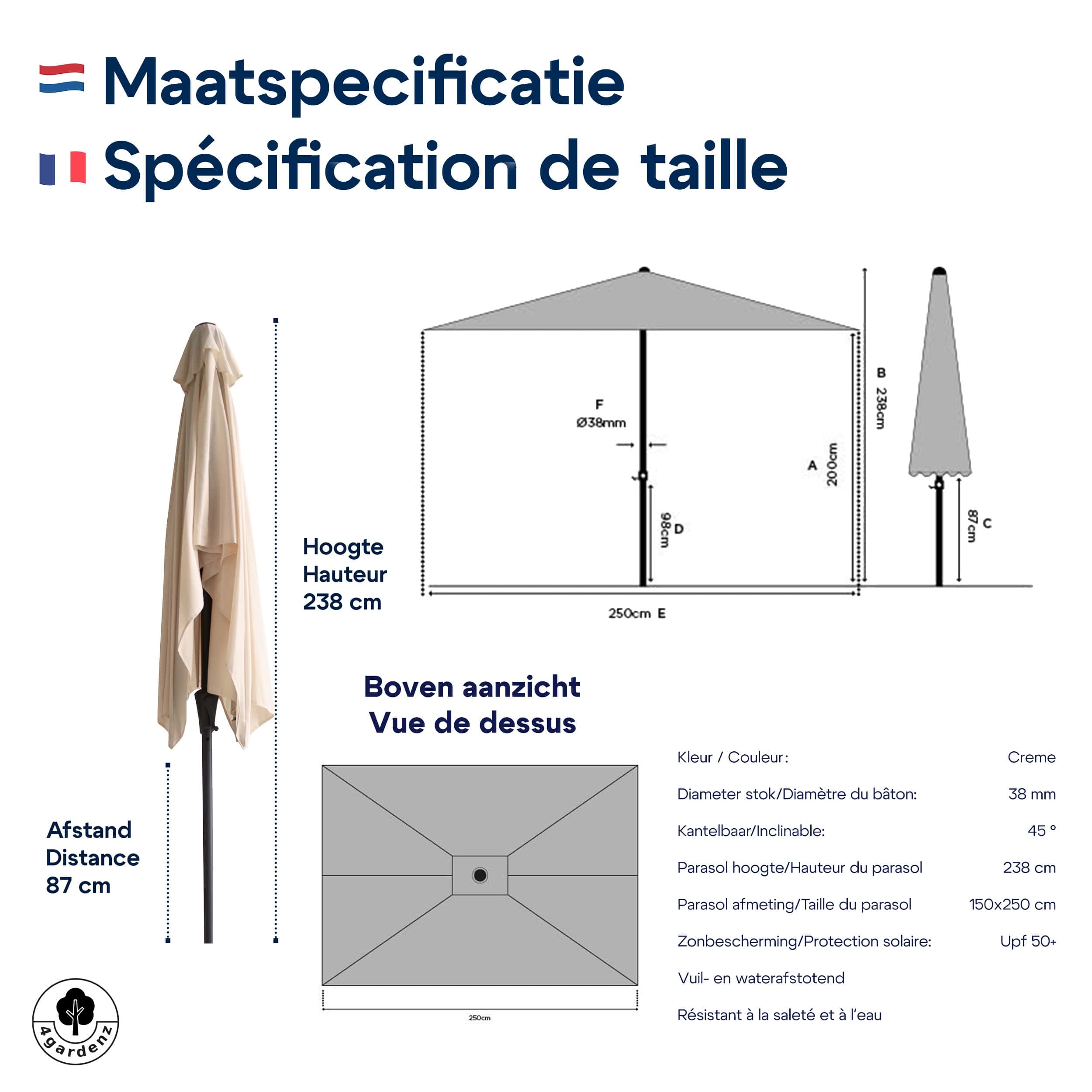 4gardenz® Parasol Rechthoek 150X250cm Kantelbaar - Balkonparasol Creme
