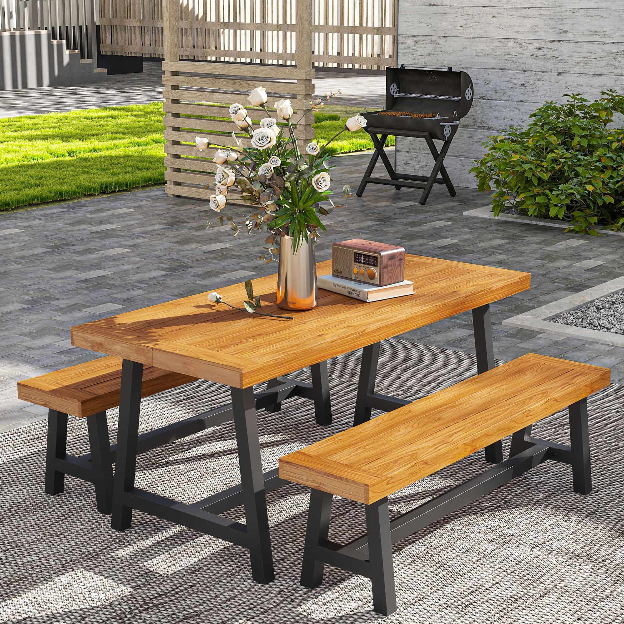 Tuintafelset voor 4 Personen met houten tafelblad - Zwart/Bruin